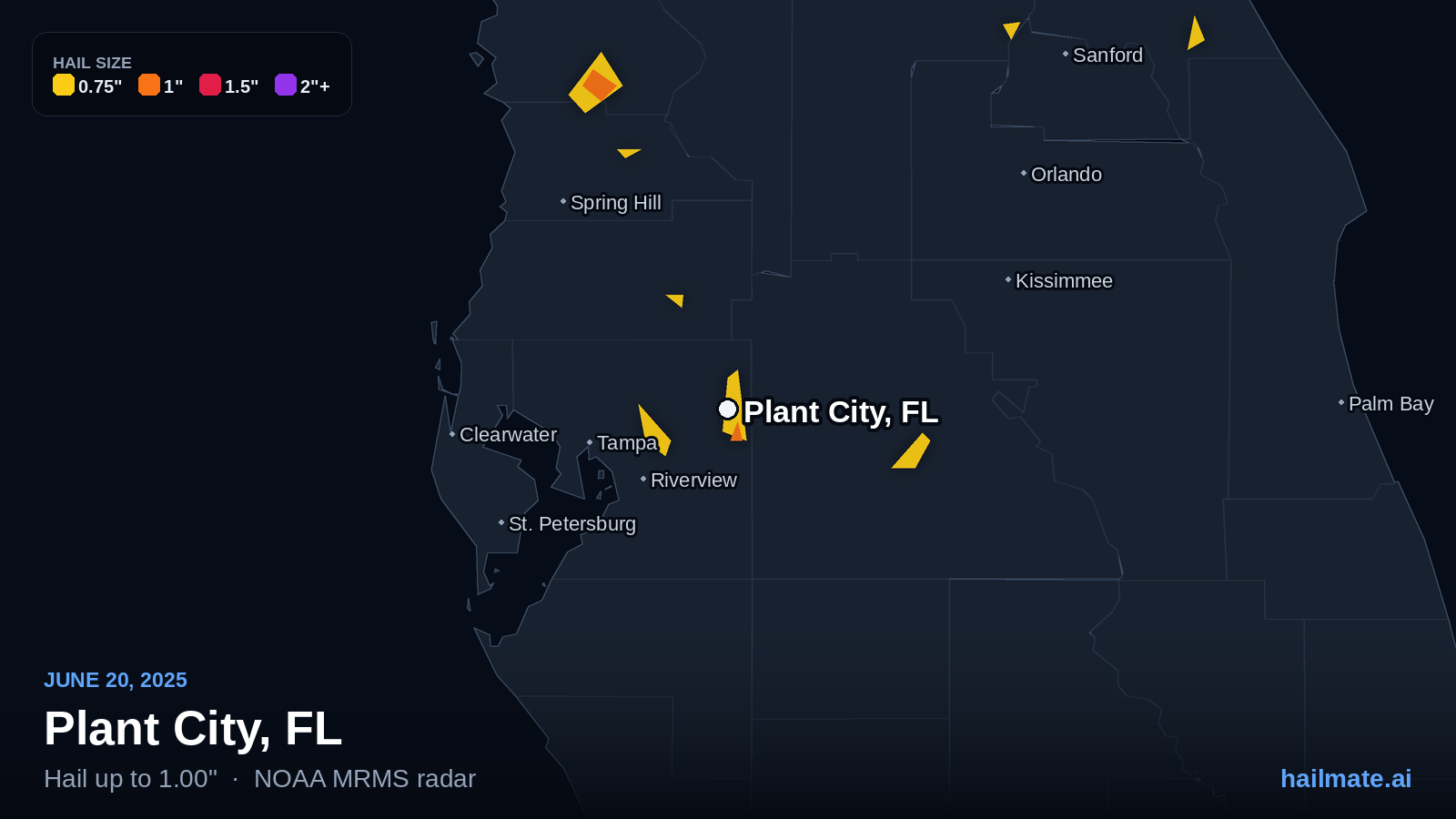 Hail swath map for Plant City, FL on June 20, 2025 showing 1.00 inch hail.