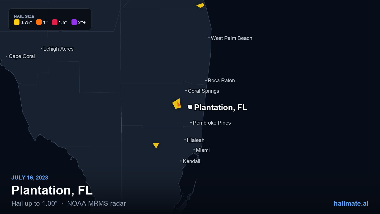 Hail swath map for Plantation, FL on July 16, 2023 showing 1.00 inch hail.