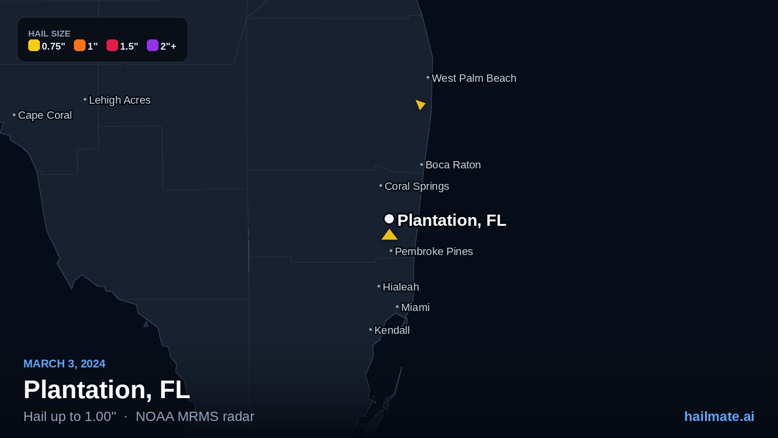 Hail swath map for Plantation, FL on March 3, 2024 showing 1.00 inch hail.