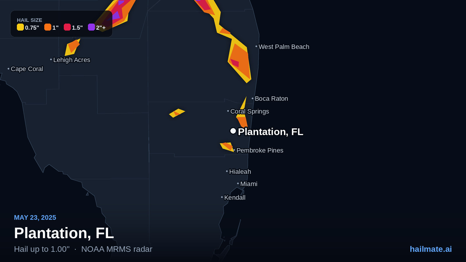 Hail swath map for Plantation, FL on May 23, 2025 showing 1.00 inch hail.