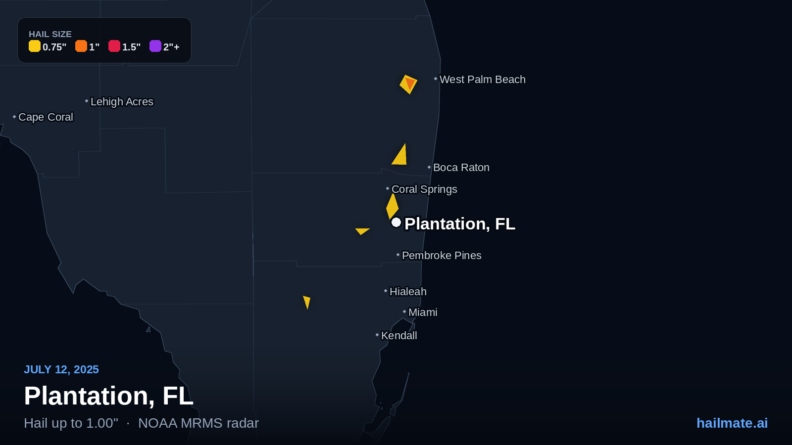 Hail swath map for Plantation, FL on July 12, 2025 showing 1.00 inch hail.