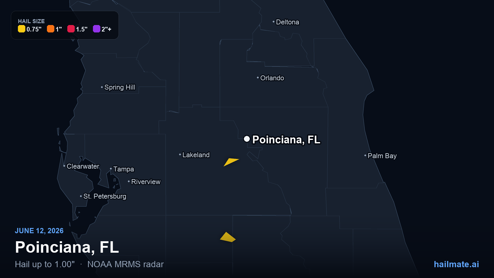 Hail swath map for Poinciana, FL on June 12, 2026 showing 1.00 inch hail.