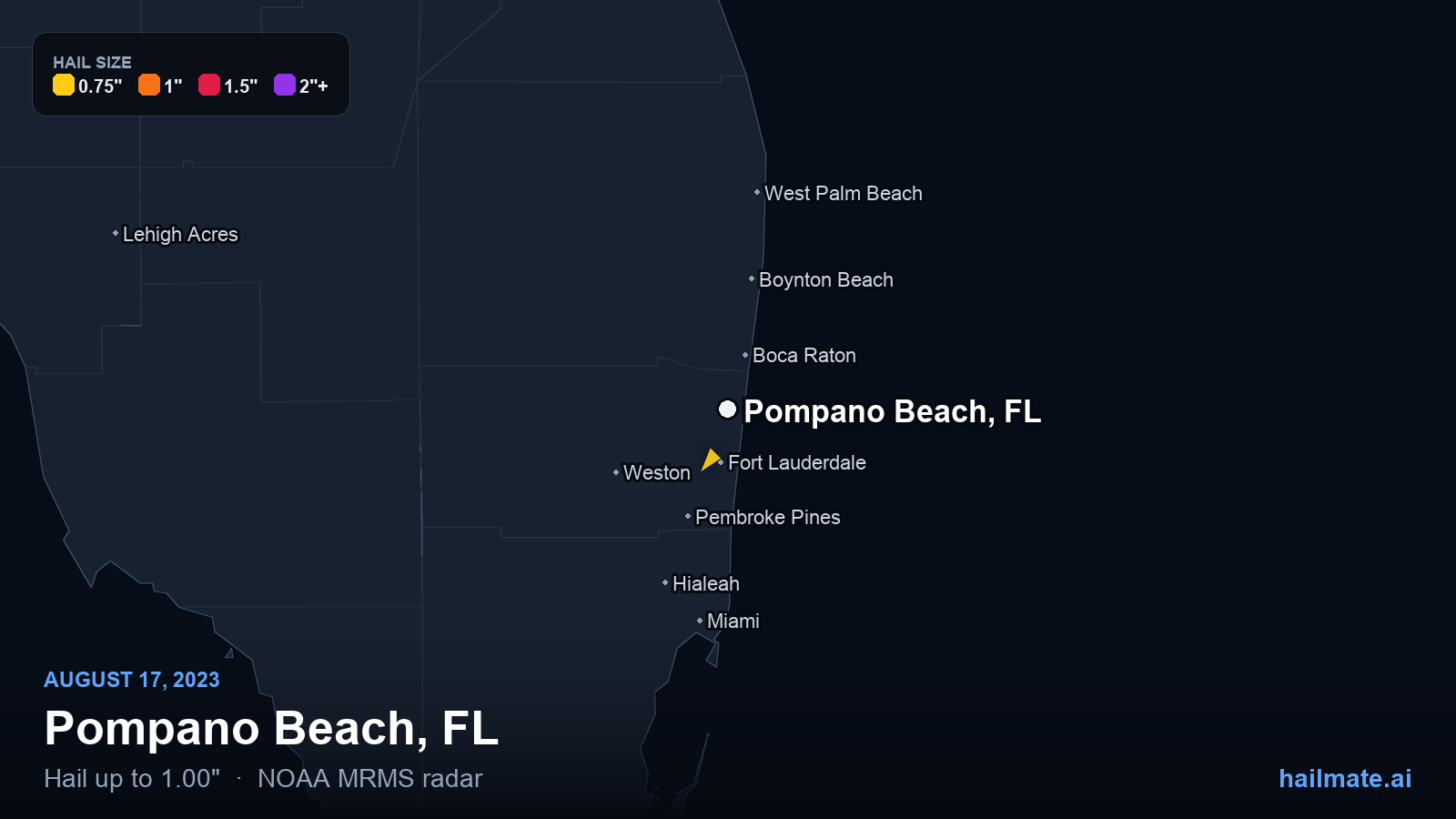 Hail swath map for Pompano Beach, FL on August 17, 2023 showing 1.00 inch hail.