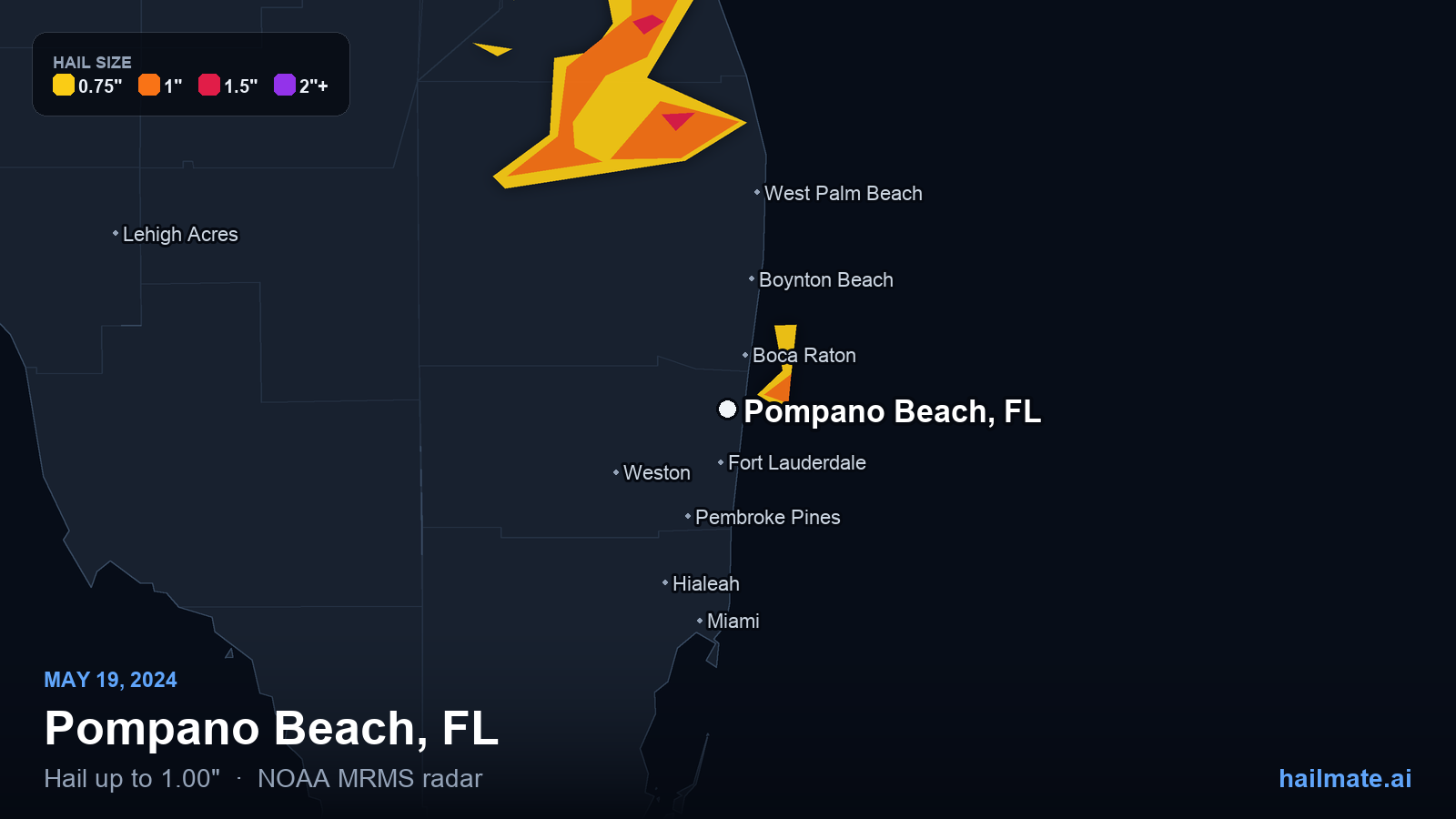 Hail swath map for Pompano Beach, FL on May 19, 2024 showing 1.00 inch hail.