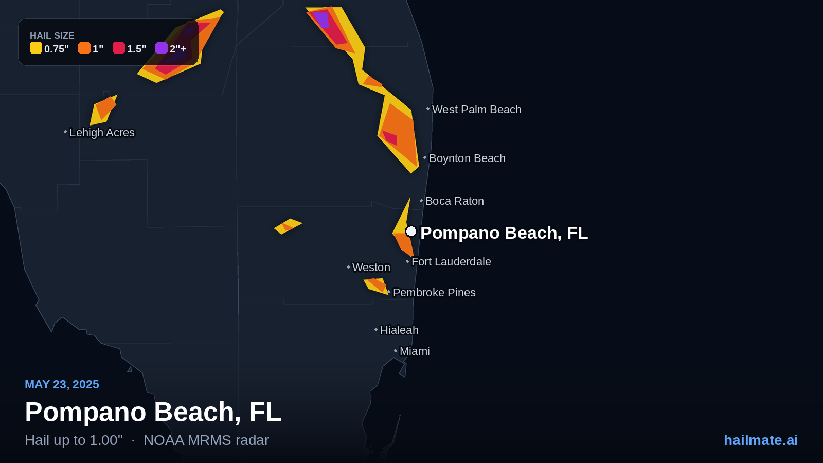 Hail swath map for Pompano Beach, FL on May 23, 2025 showing 1.00 inch hail.