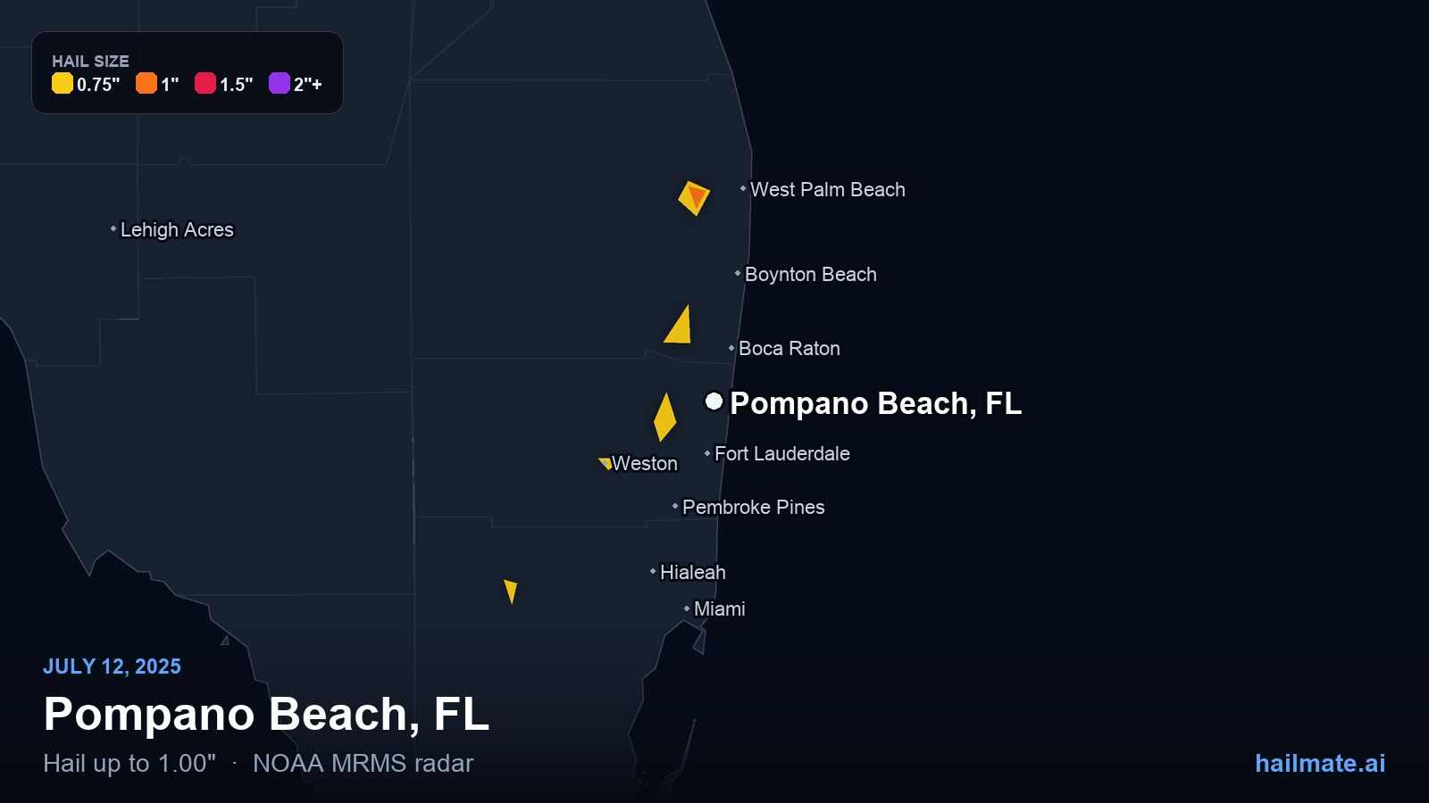 Hail swath map for Pompano Beach, FL on July 12, 2025 showing 1.00 inch hail.