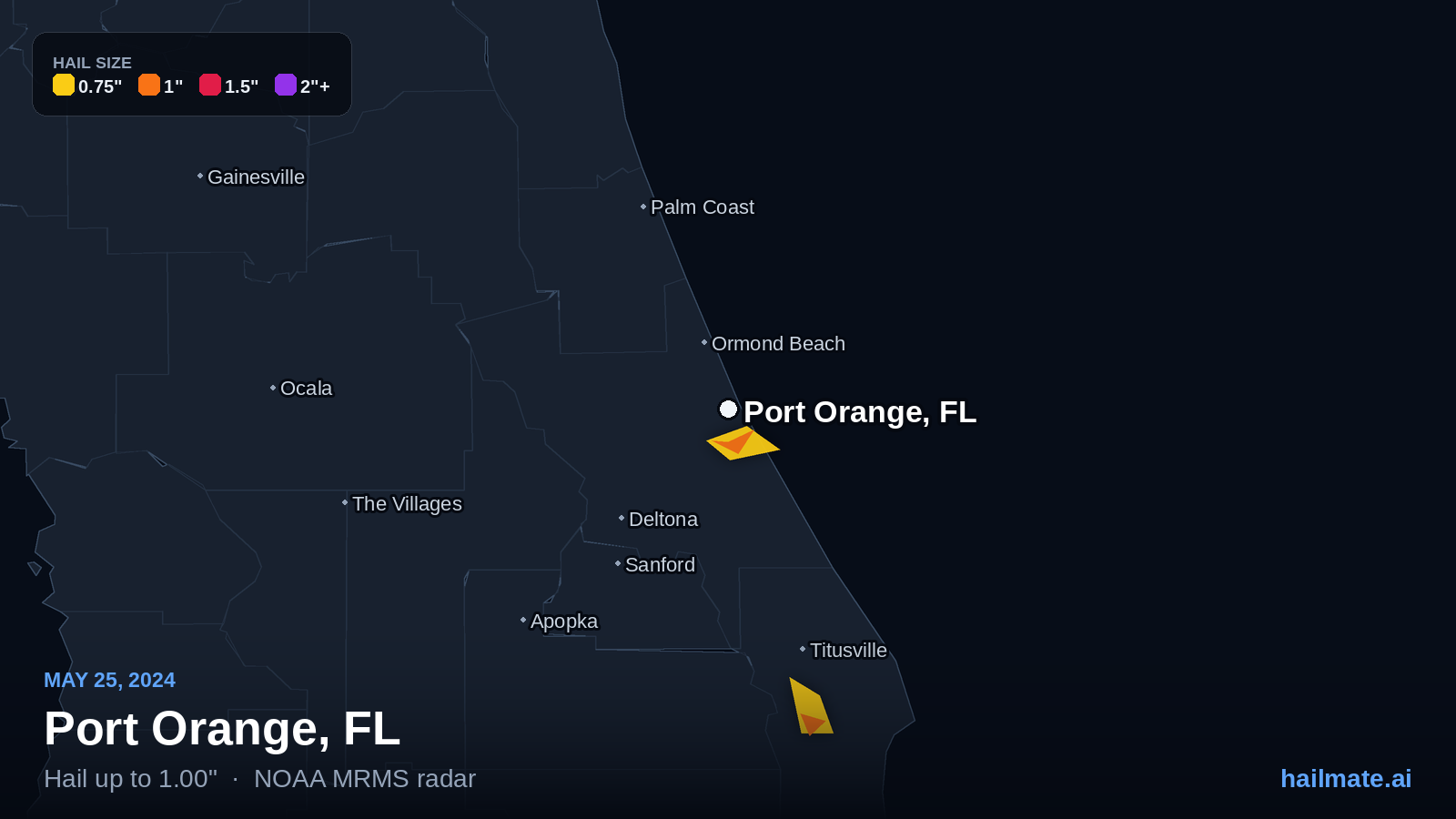 Hail swath map for Port Orange, FL on May 25, 2024 showing 1.00 inch hail.