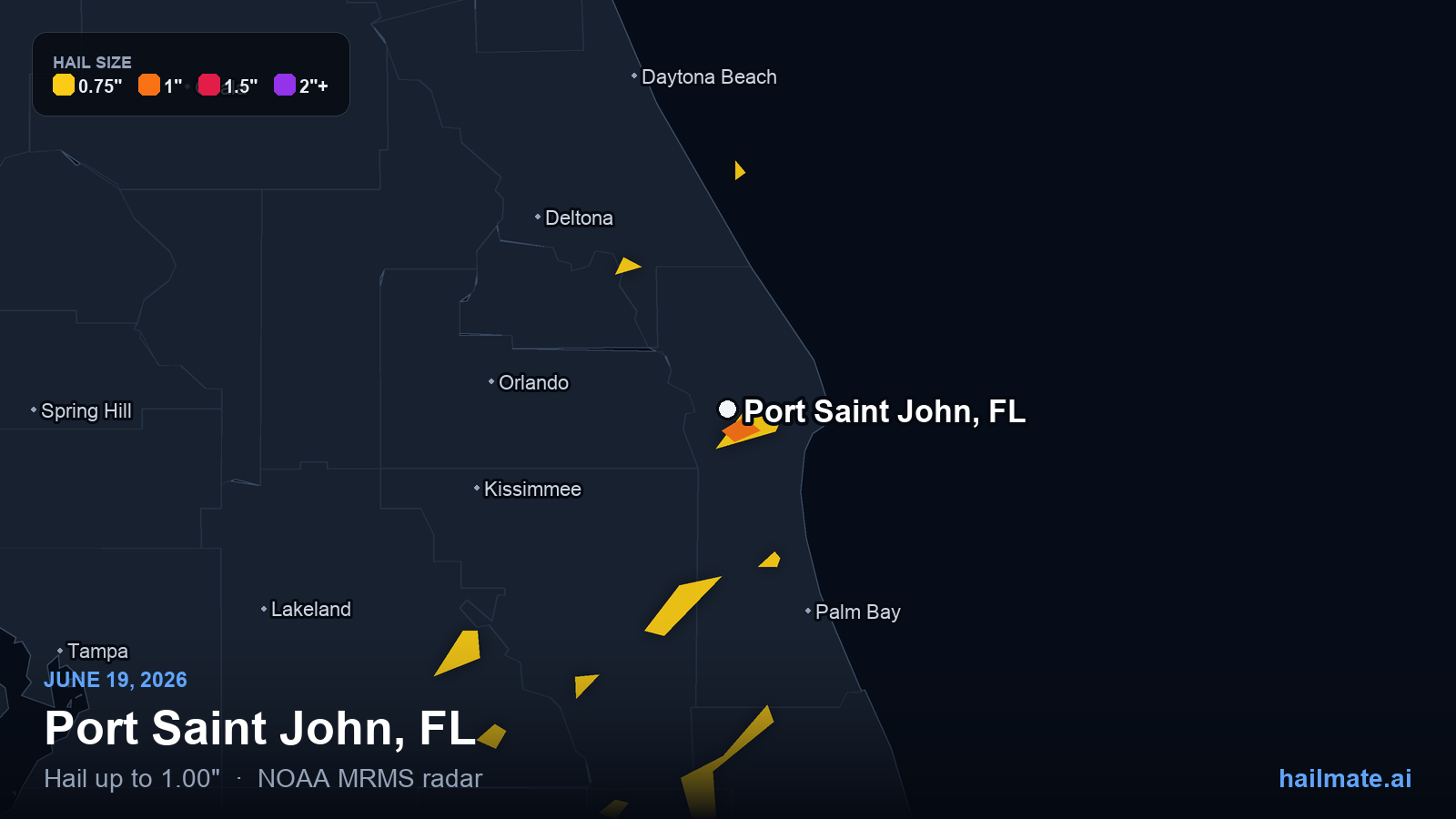 Hail swath map for Port Saint John, FL on June 19, 2026 showing 1.00 inch hail.