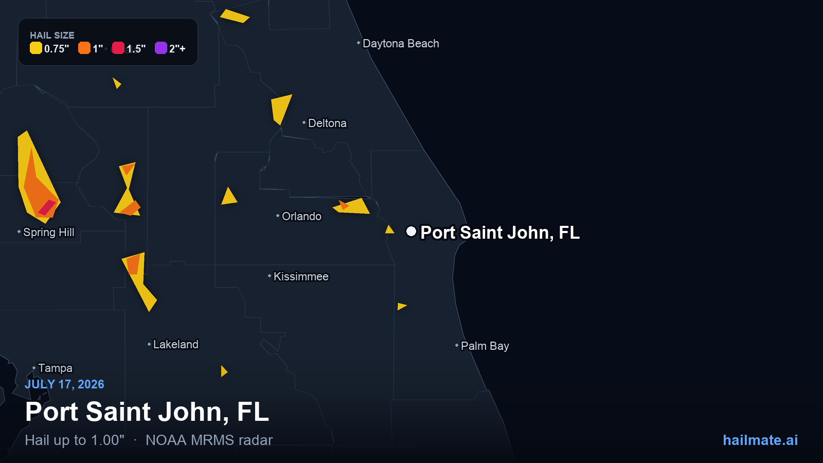 Hail swath map for Port Saint John, FL on July 17, 2026 showing 1.00 inch hail.