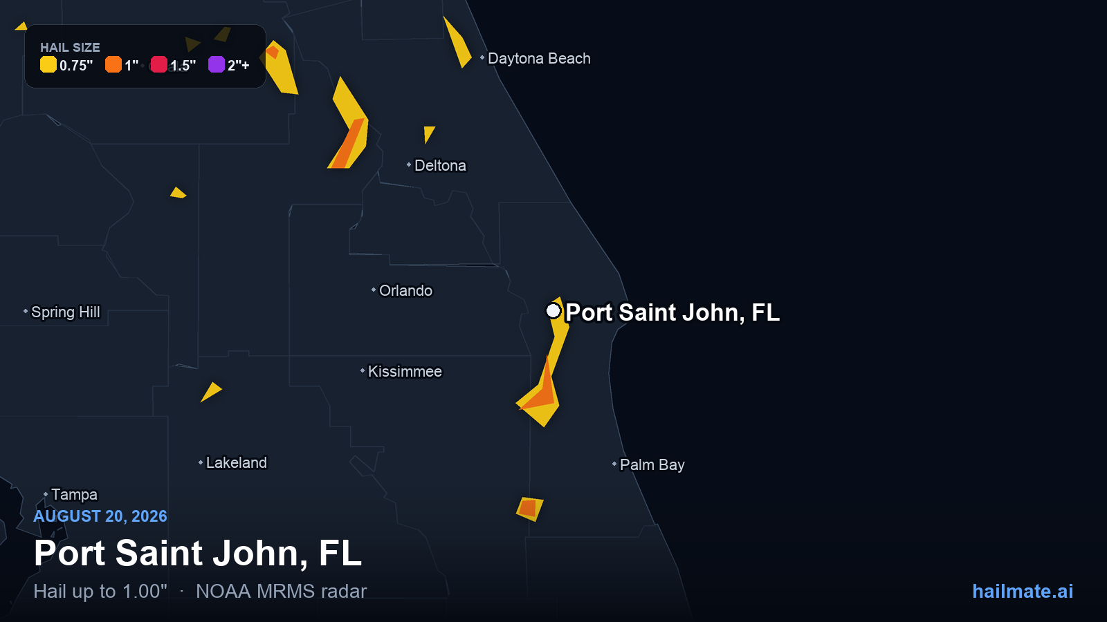 Hail swath map for Port Saint John, FL on August 20, 2026 showing 1.00 inch hail.