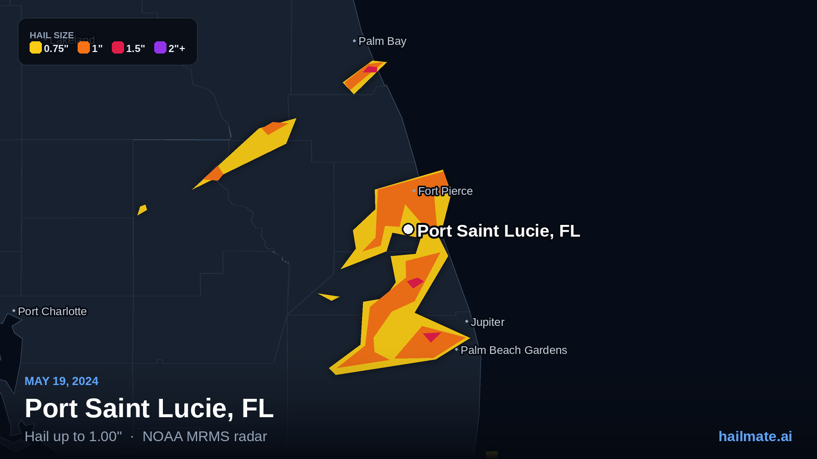 Hail swath map for Port Saint Lucie, FL on May 19, 2024 showing 1.00 inch hail.