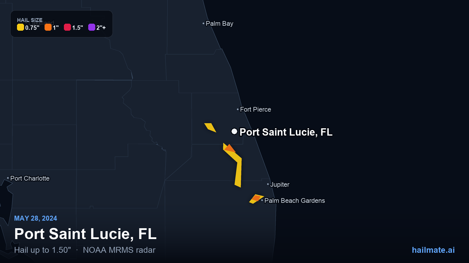 Hail swath map for Port Saint Lucie, FL on May 28, 2024 showing 1.50 inch hail.