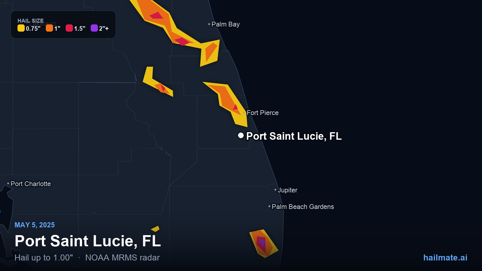 Hail swath map for Port Saint Lucie, FL on May 5, 2025 showing 1.00 inch hail.