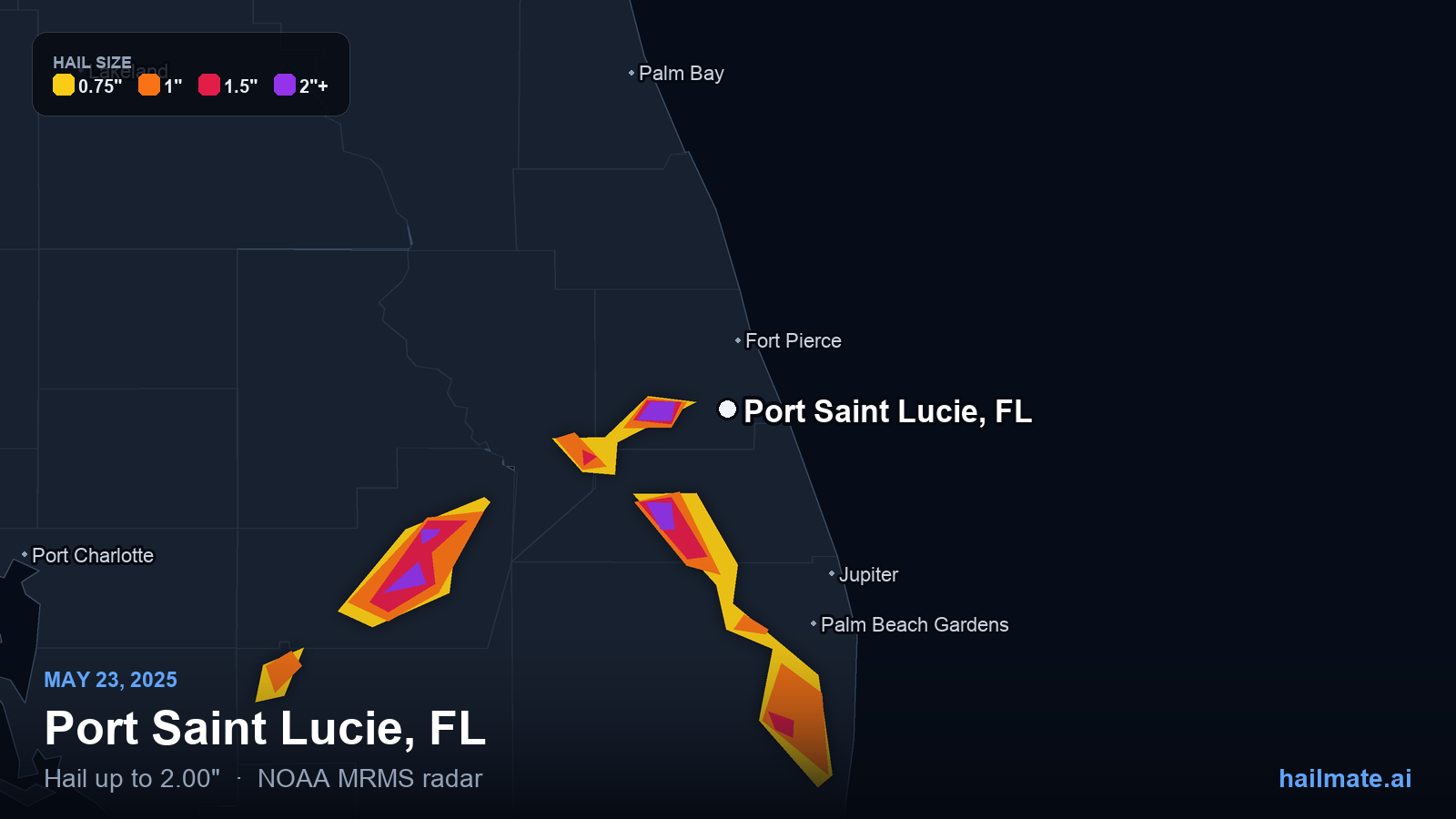 Hail swath map for Port Saint Lucie, FL on May 23, 2025 showing 2.00 inch hail.