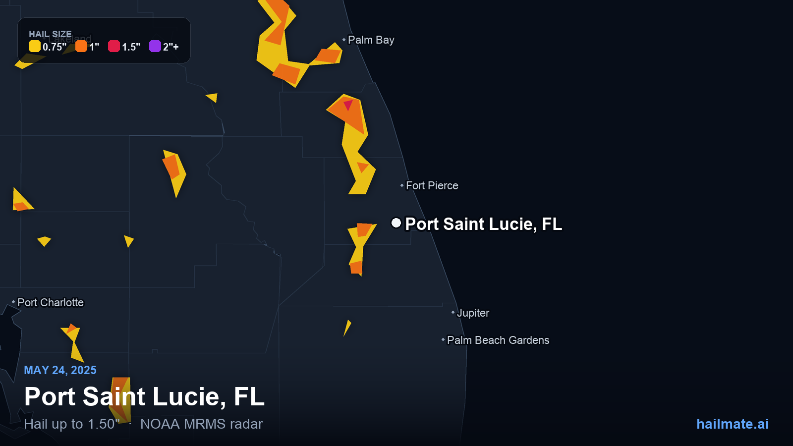 Hail swath map for Port Saint Lucie, FL on May 24, 2025 showing 1.50 inch hail.