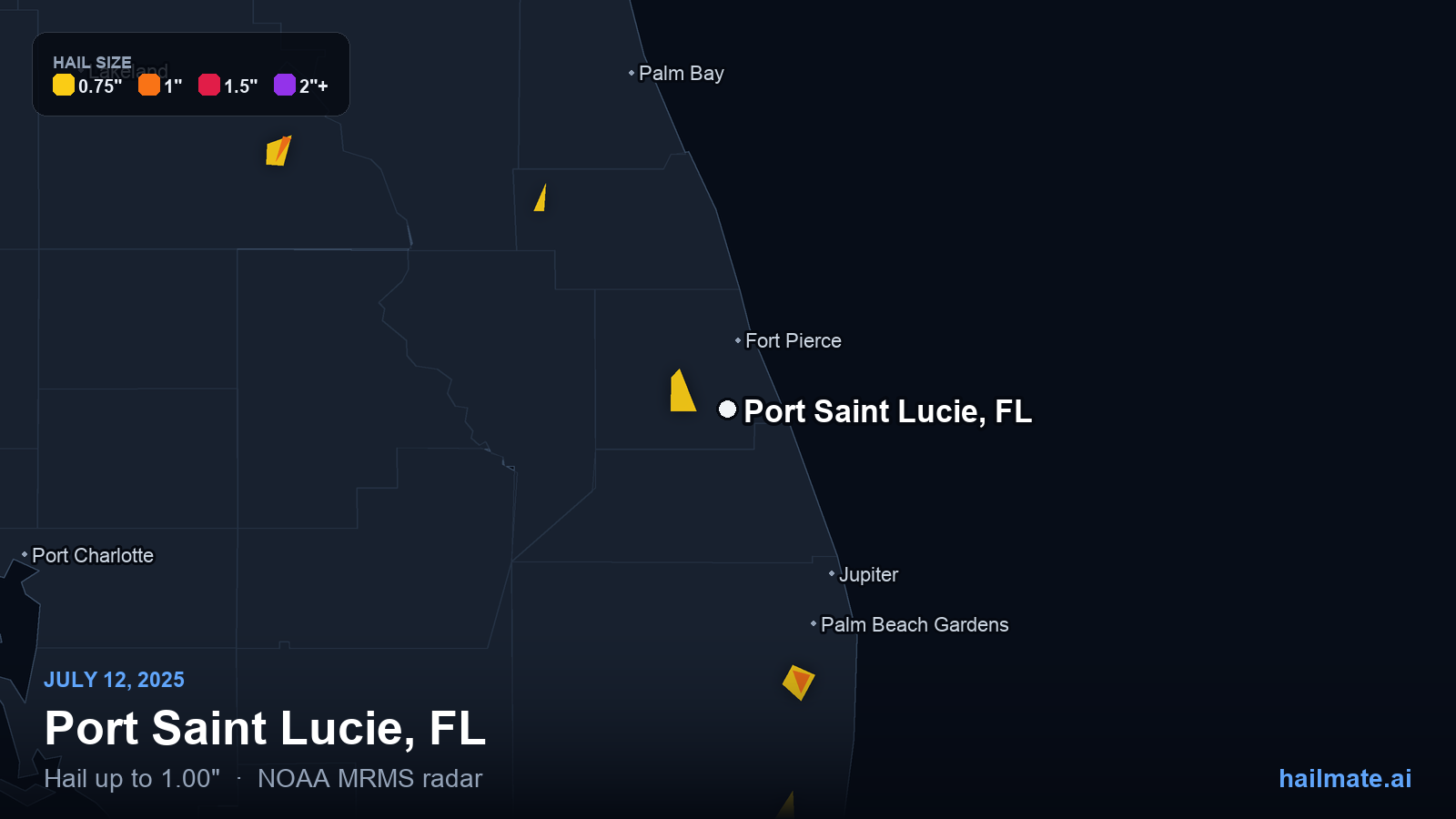 Hail swath map for Port Saint Lucie, FL on July 12, 2025 showing 1.00 inch hail.