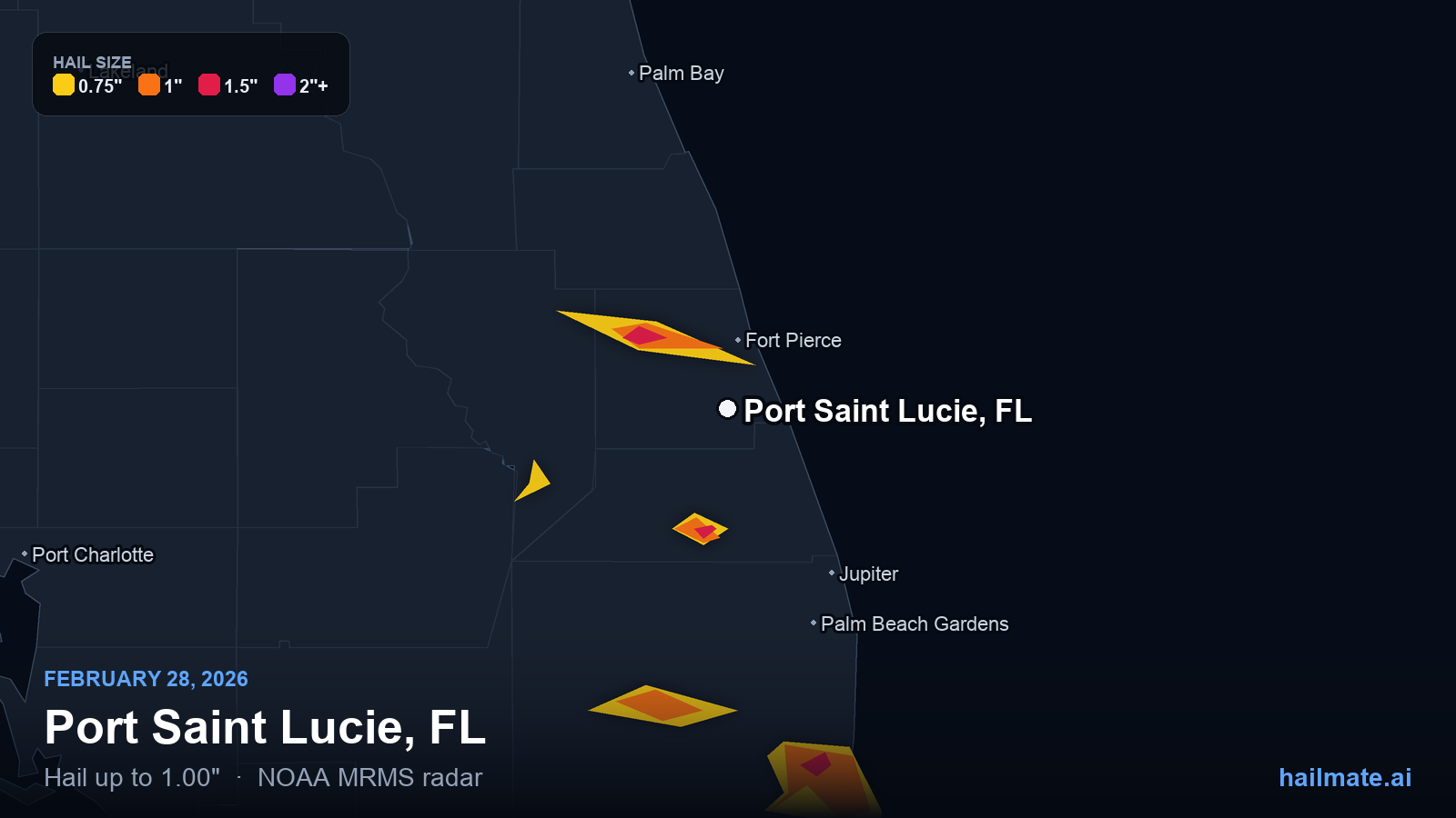 Hail swath map for Port Saint Lucie, FL on February 28, 2026 showing 1.00 inch hail.