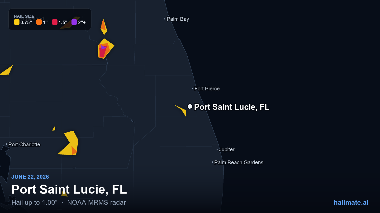 Hail swath map for Port Saint Lucie, FL on June 22, 2026 showing 1.00 inch hail.