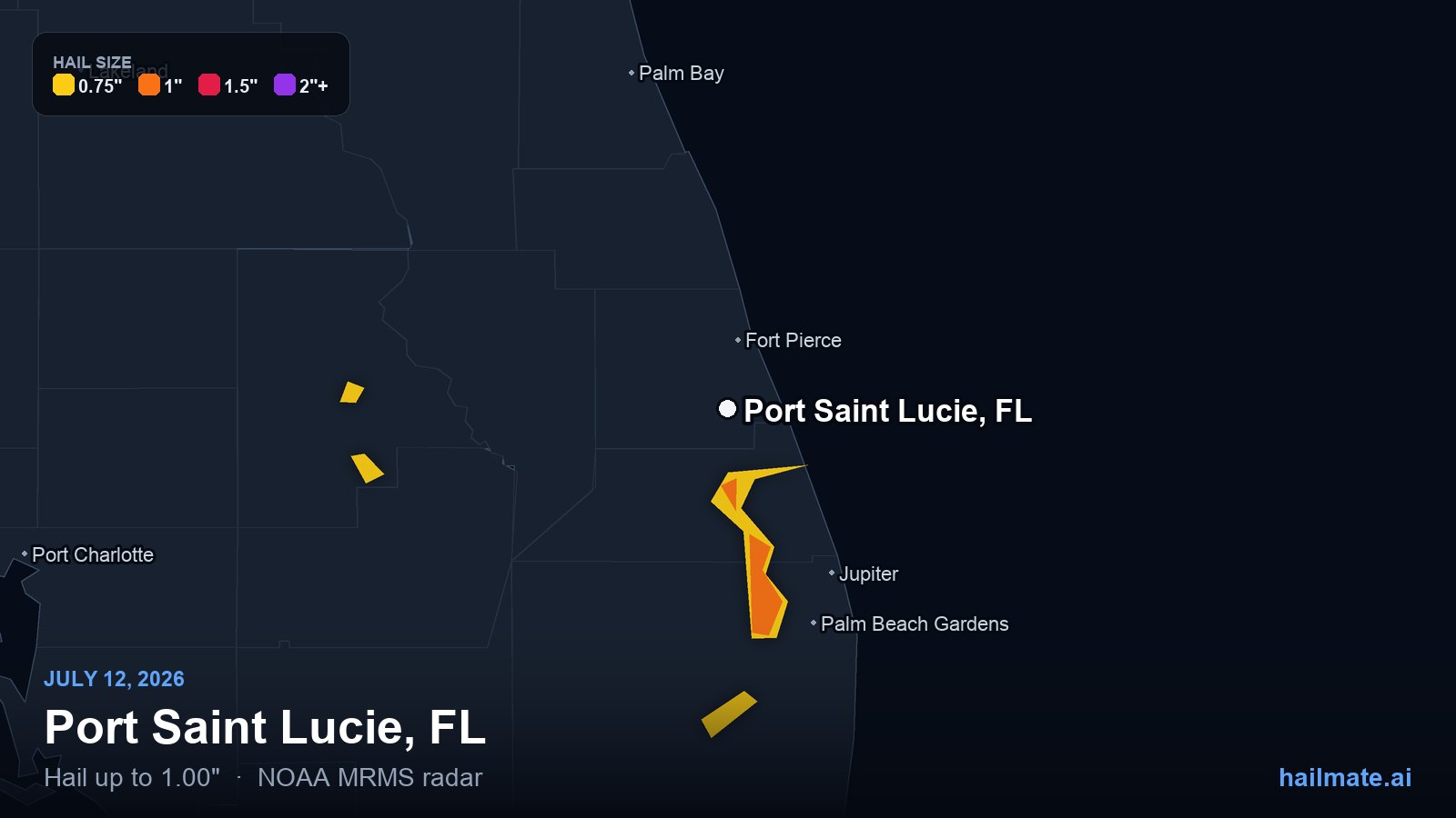 Hail swath map for Port Saint Lucie, FL on July 12, 2026 showing 1.00 inch hail.