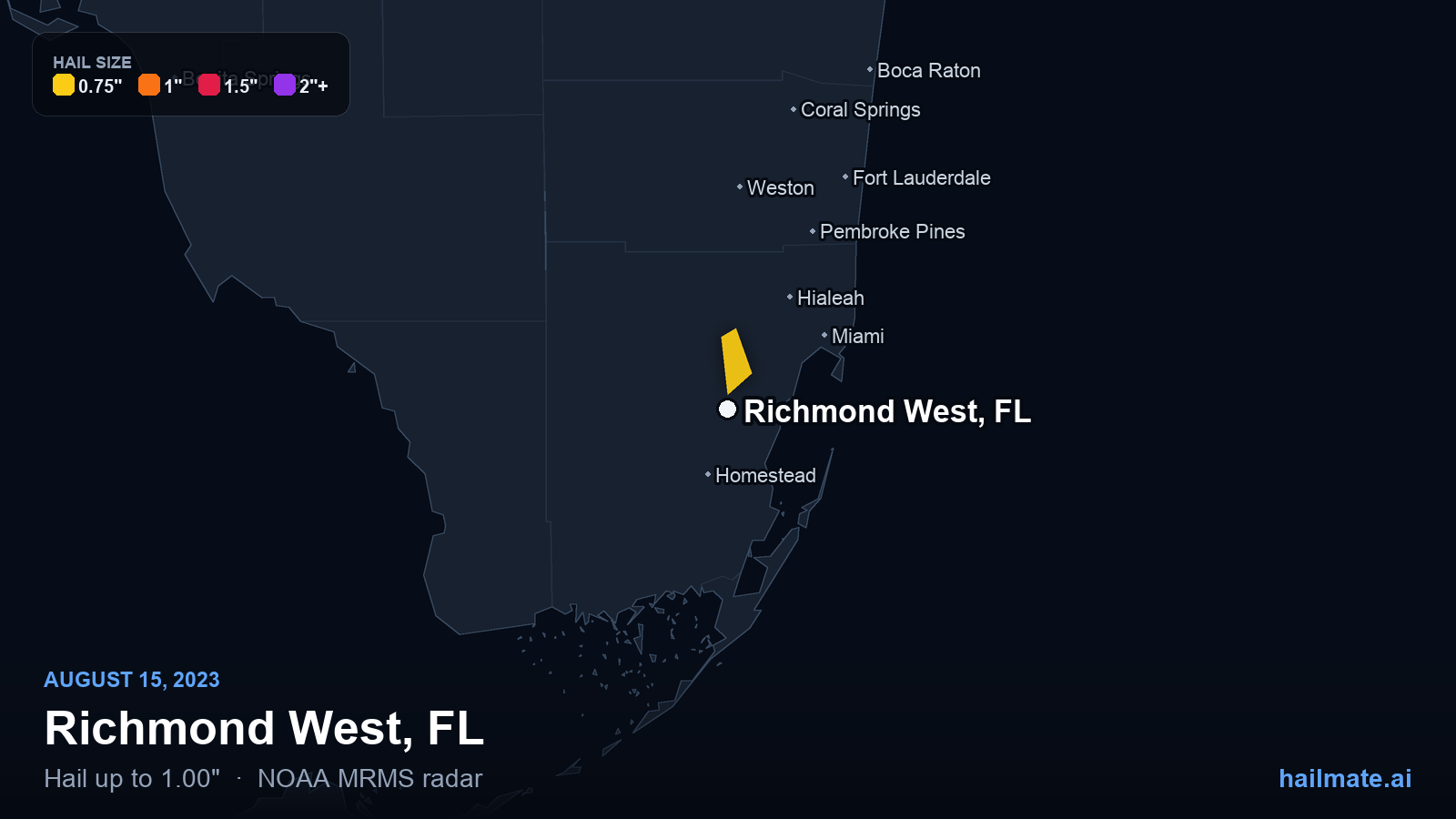 Hail swath map for Richmond West, FL on August 15, 2023 showing 1.00 inch hail.