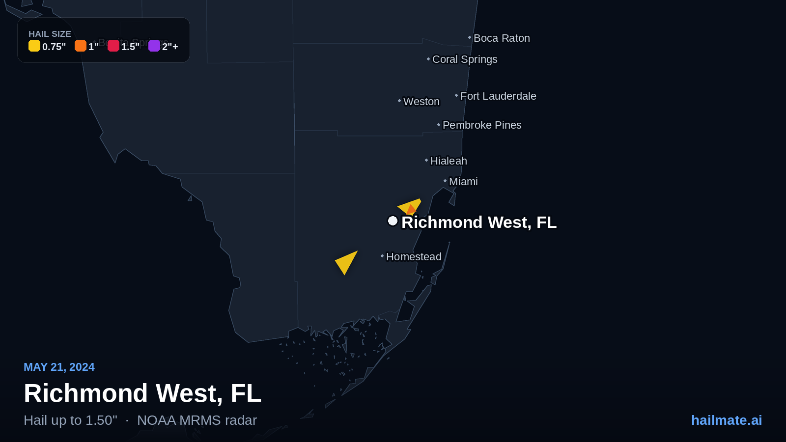 Hail swath map for Richmond West, FL on May 21, 2024 showing 1.50 inch hail.