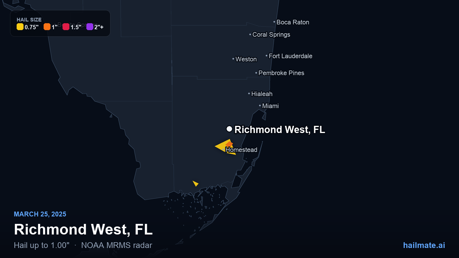Hail swath map for Richmond West, FL on March 25, 2025 showing 1.00 inch hail.