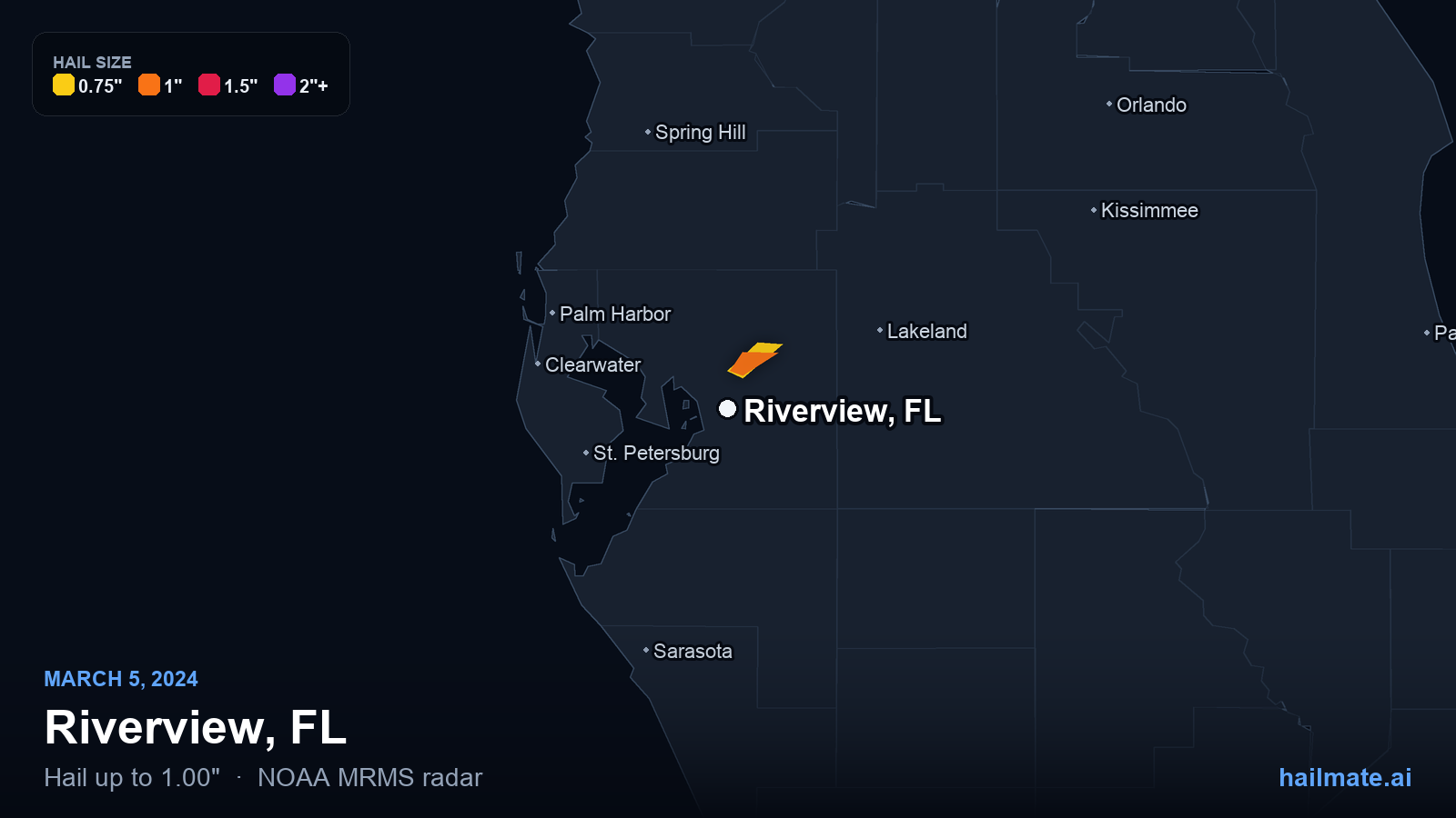 Hail swath map for Riverview, FL on March 5, 2024 showing 1.00 inch hail.