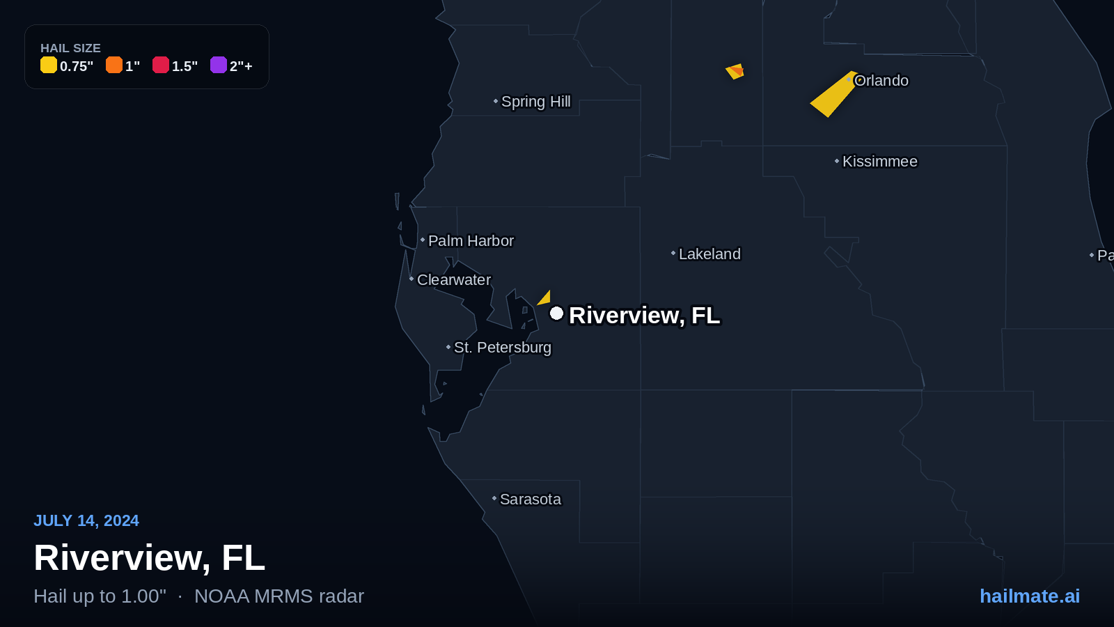 Hail swath map for Riverview, FL on July 14, 2024 showing 1.00 inch hail.