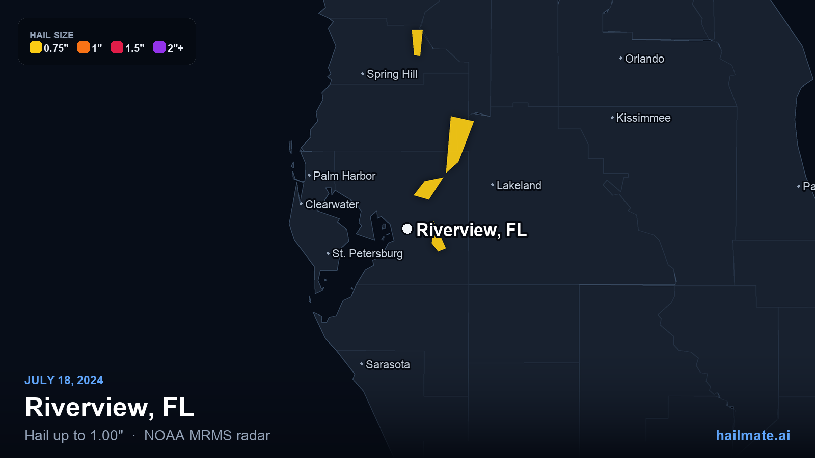 Hail swath map for Riverview, FL on July 18, 2024 showing 1.00 inch hail.