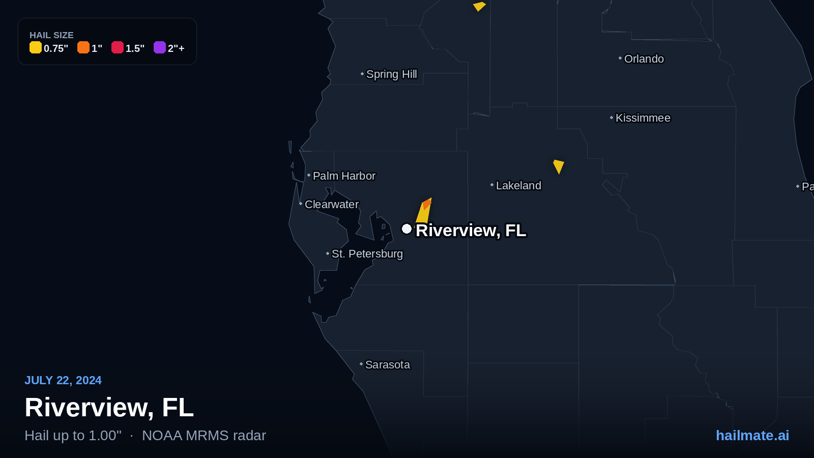Hail swath map for Riverview, FL on July 22, 2024 showing 1.00 inch hail.