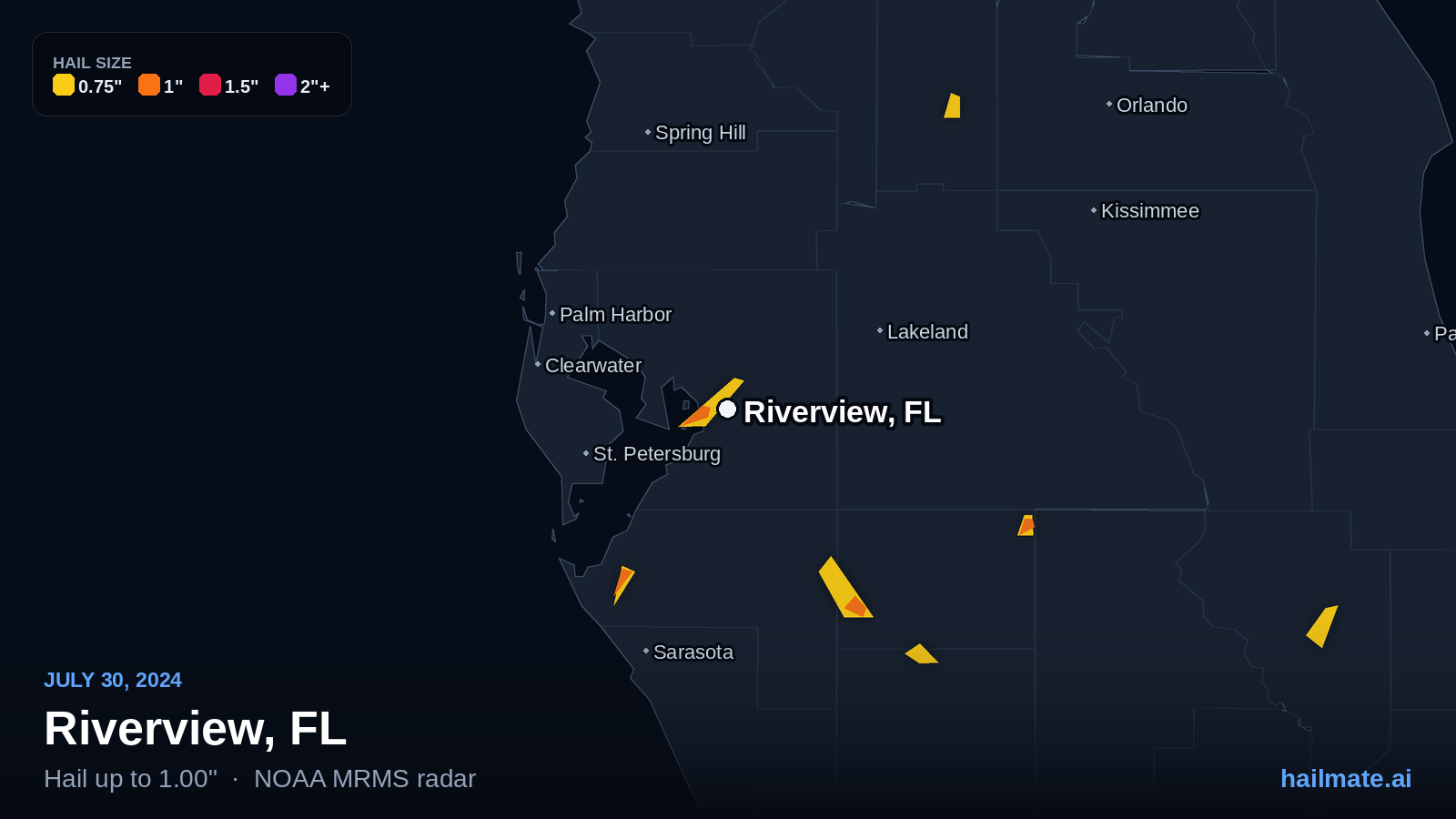 Hail swath map for Riverview, FL on July 30, 2024 showing 1.00 inch hail.