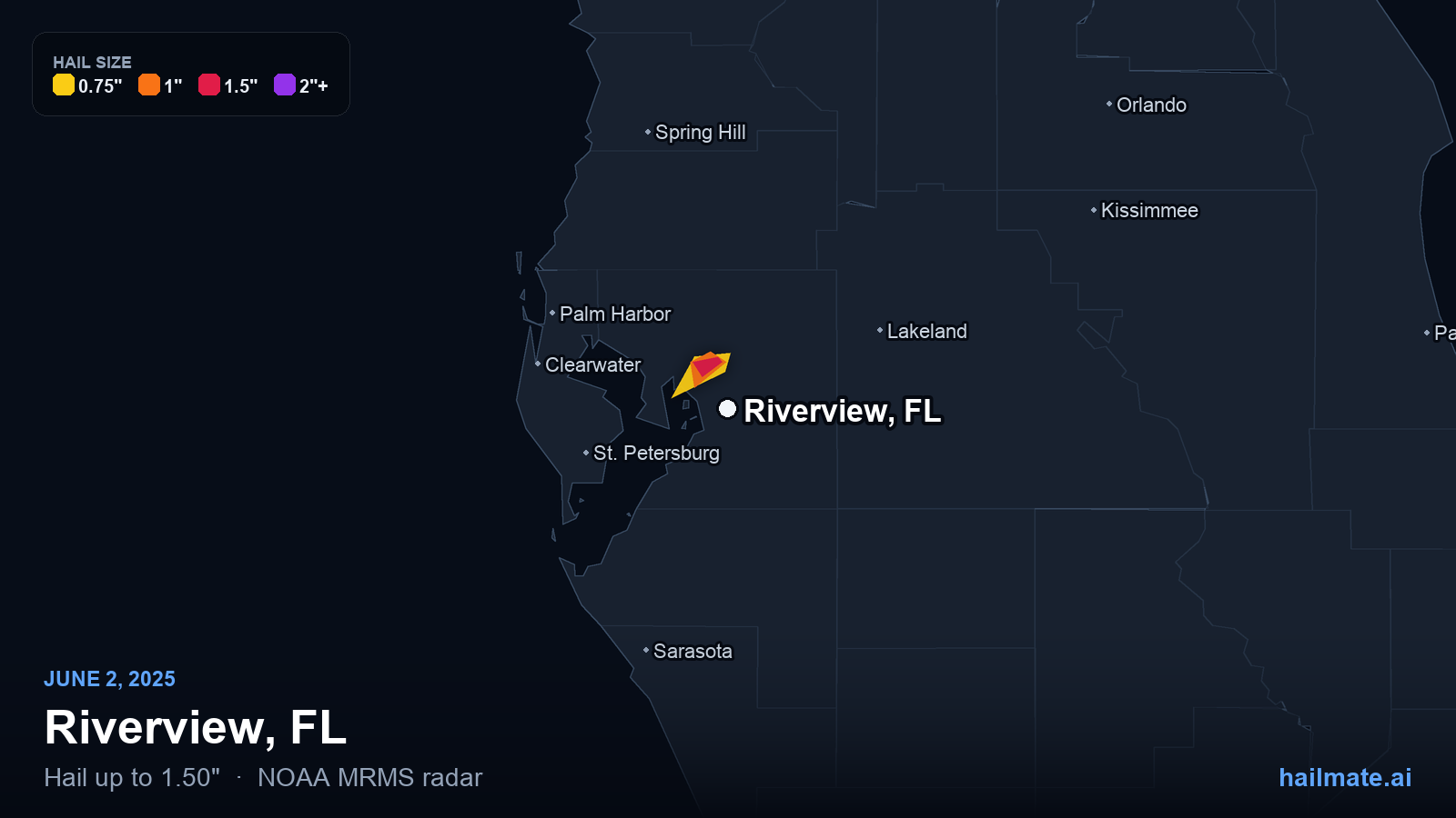 Hail swath map for Riverview, FL on June 2, 2025 showing 1.50 inch hail.