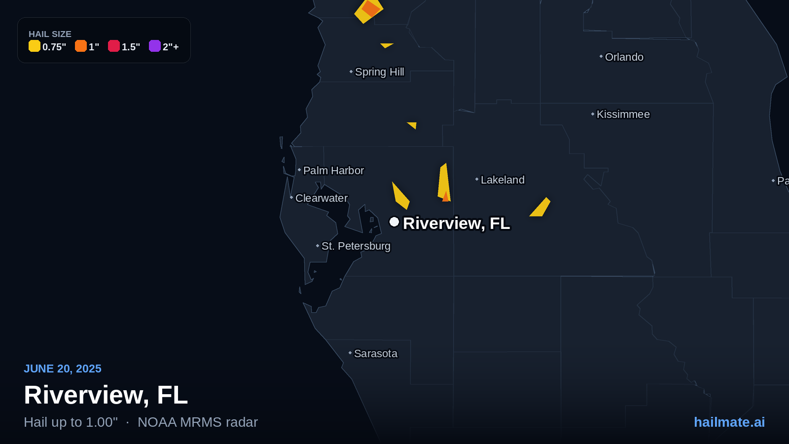 Hail swath map for Riverview, FL on June 20, 2025 showing 1.00 inch hail.