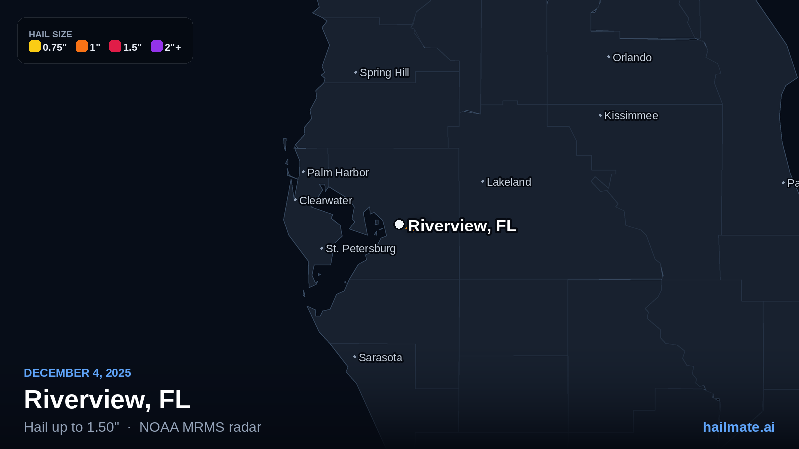 Hail swath map for Riverview, FL on December 4, 2025 showing 1.50 inch hail.