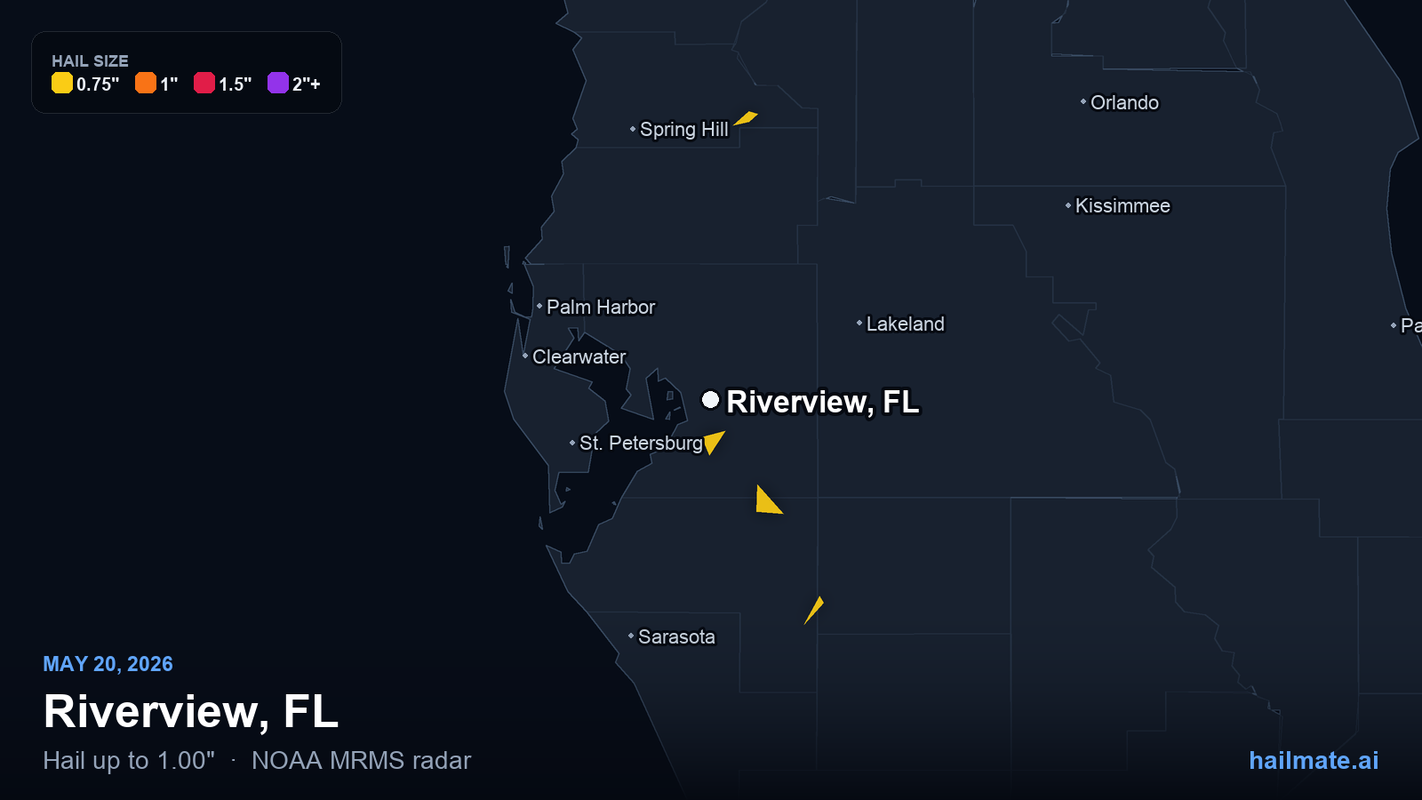 Hail swath map for Riverview, FL on May 20, 2026 showing 1.00 inch hail.
