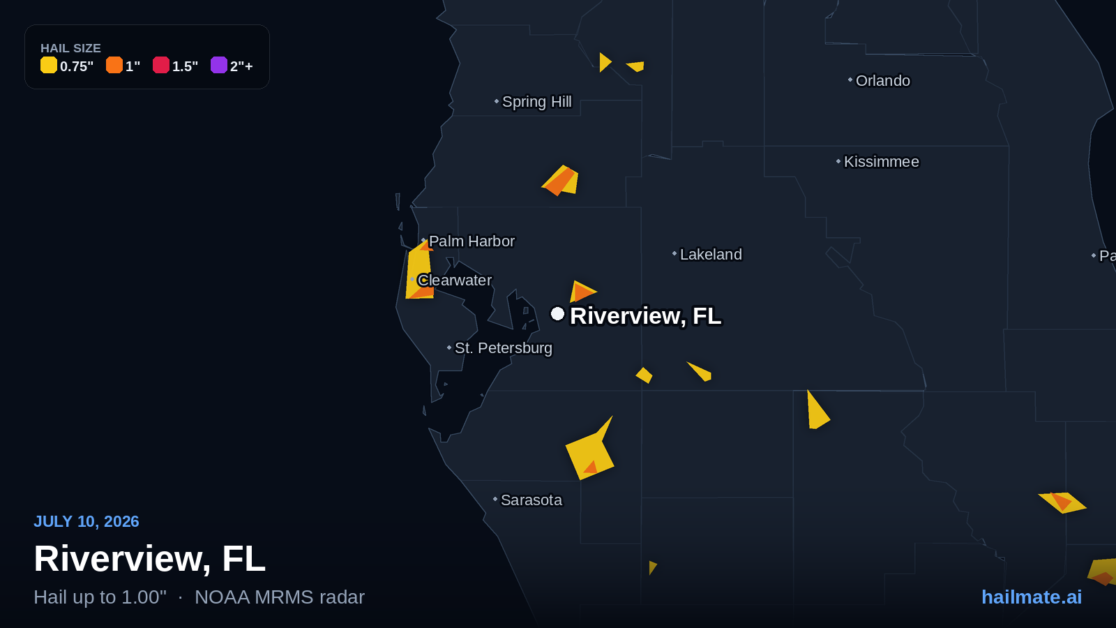 Hail swath map for Riverview, FL on July 10, 2026 showing 1.00 inch hail.