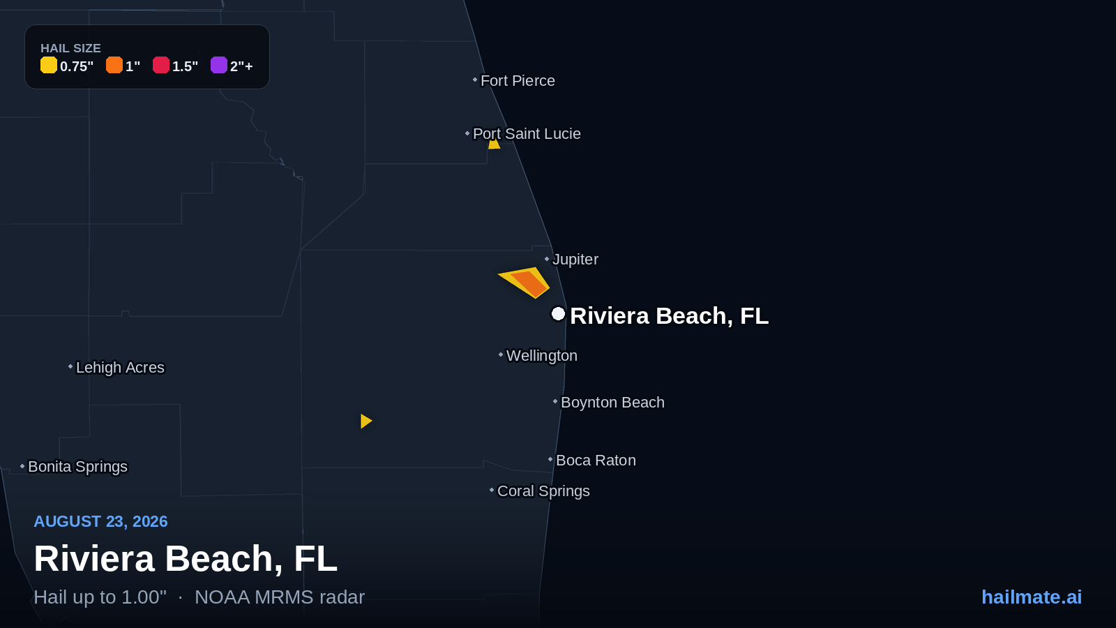 Hail swath map for Riviera Beach, FL on August 23, 2026 showing 1.00 inch hail.