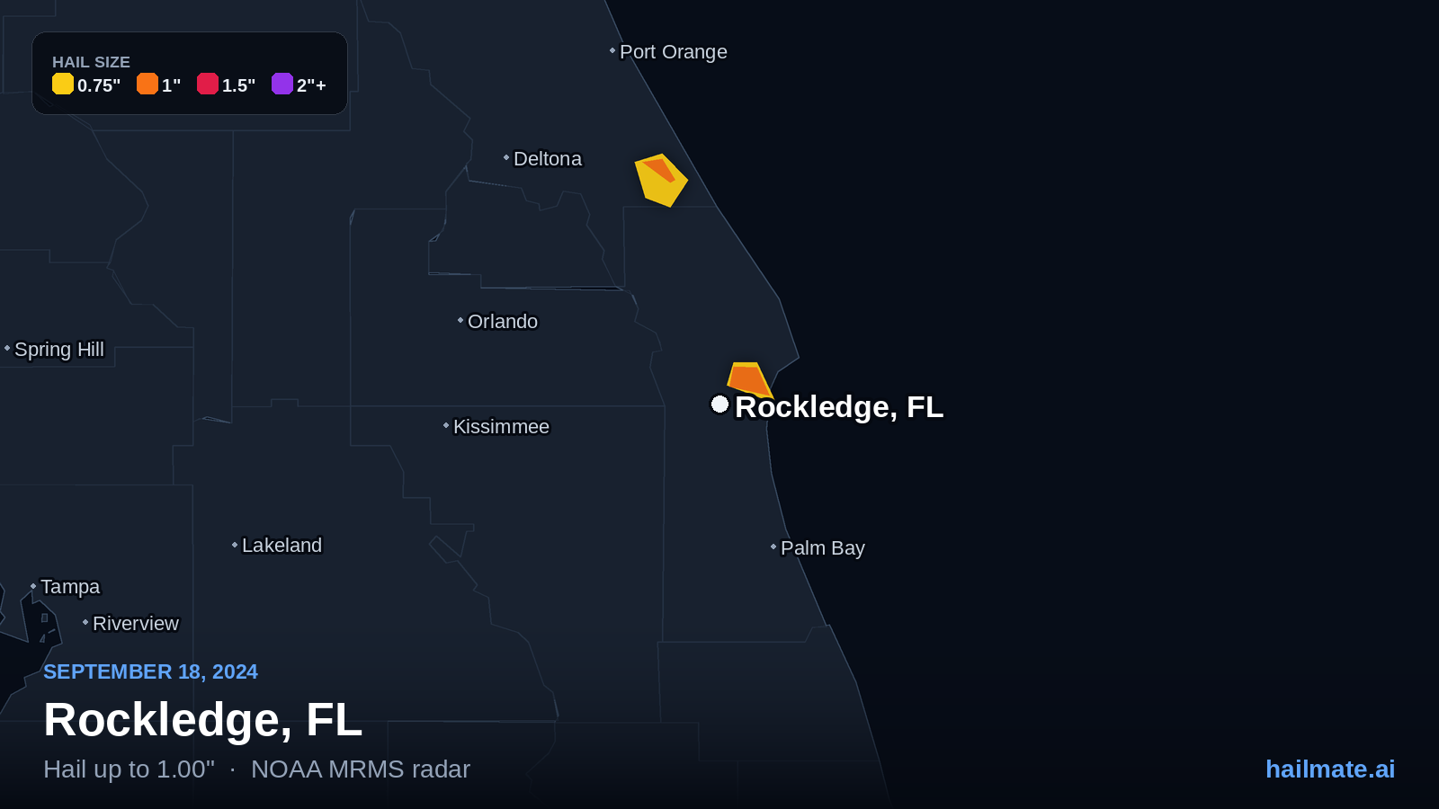 Hail swath map for Rockledge, FL on September 18, 2024 showing 1.00 inch hail.