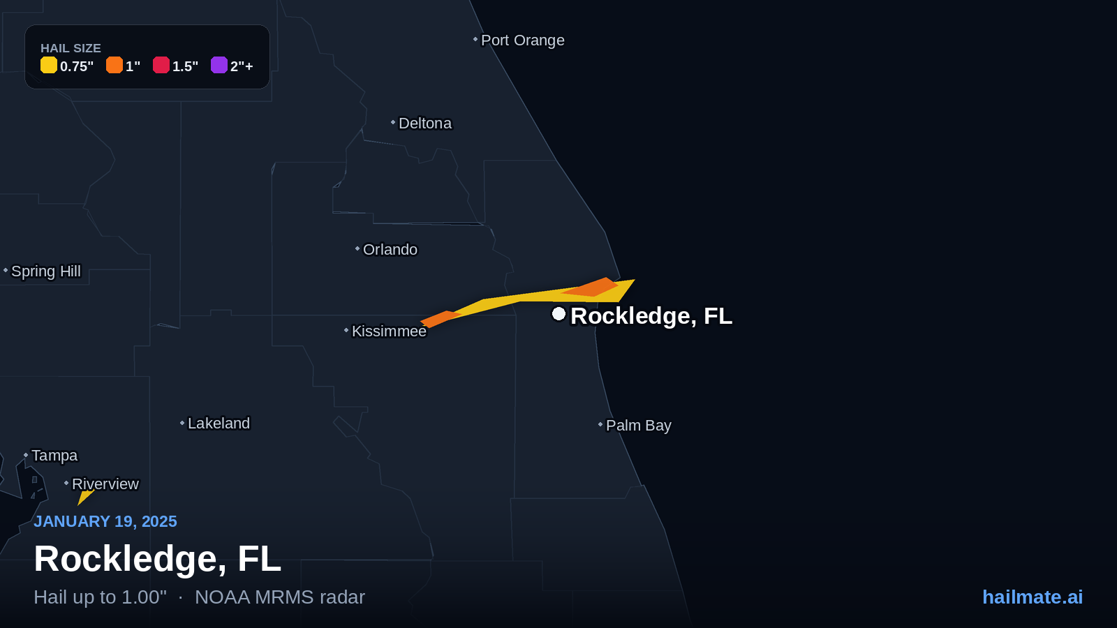 Hail swath map for Rockledge, FL on January 19, 2025 showing 1.00 inch hail.