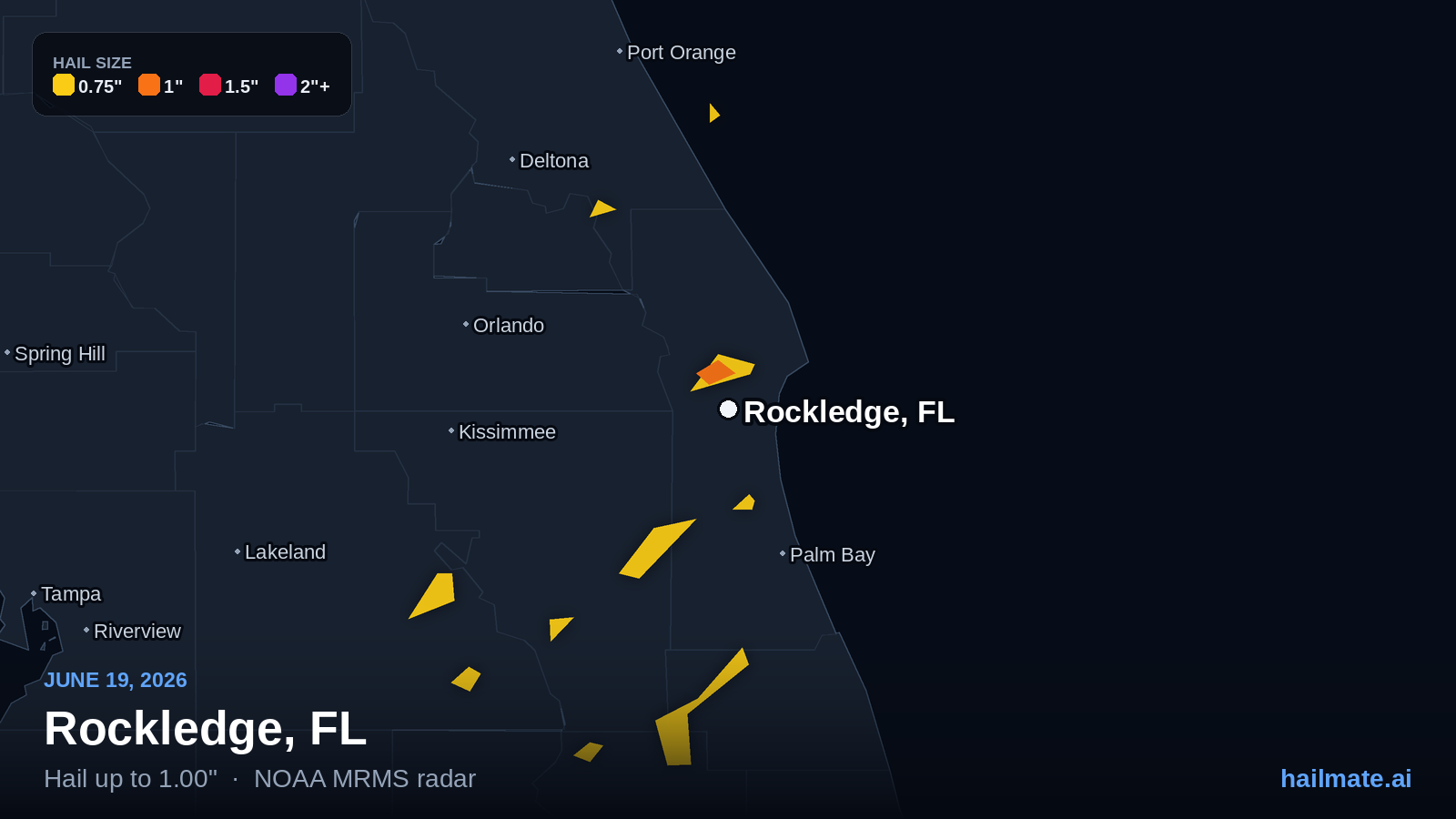 Hail swath map for Rockledge, FL on June 19, 2026 showing 1.00 inch hail.