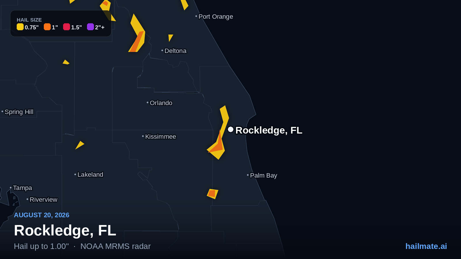 Hail swath map for Rockledge, FL on August 20, 2026 showing 1.00 inch hail.