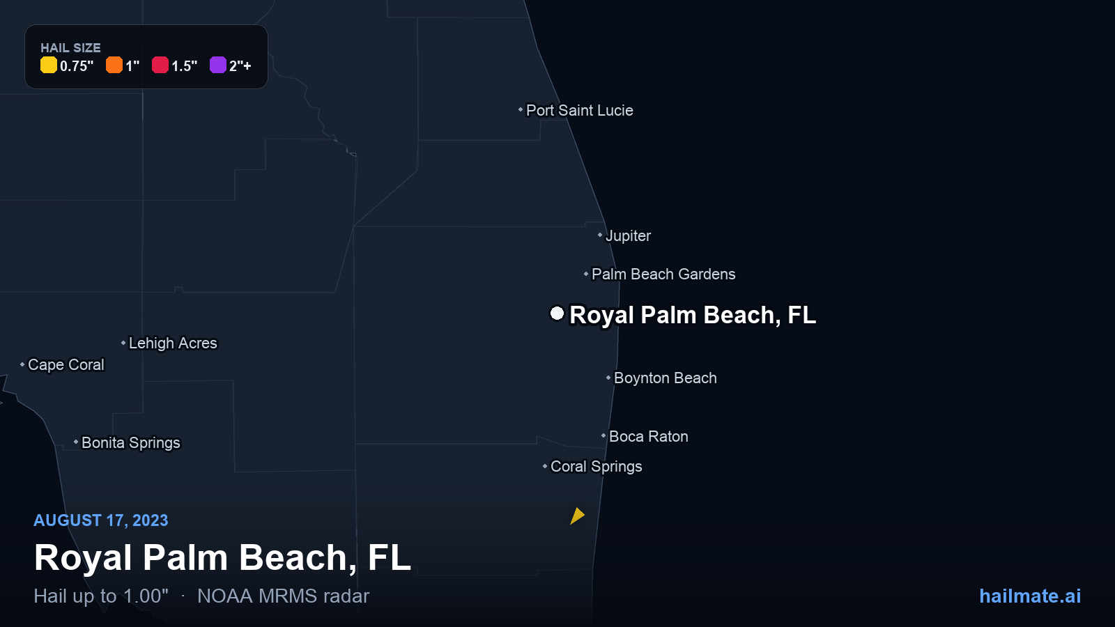 Hail swath map for Royal Palm Beach, FL on August 17, 2023 showing 1.00 inch hail.