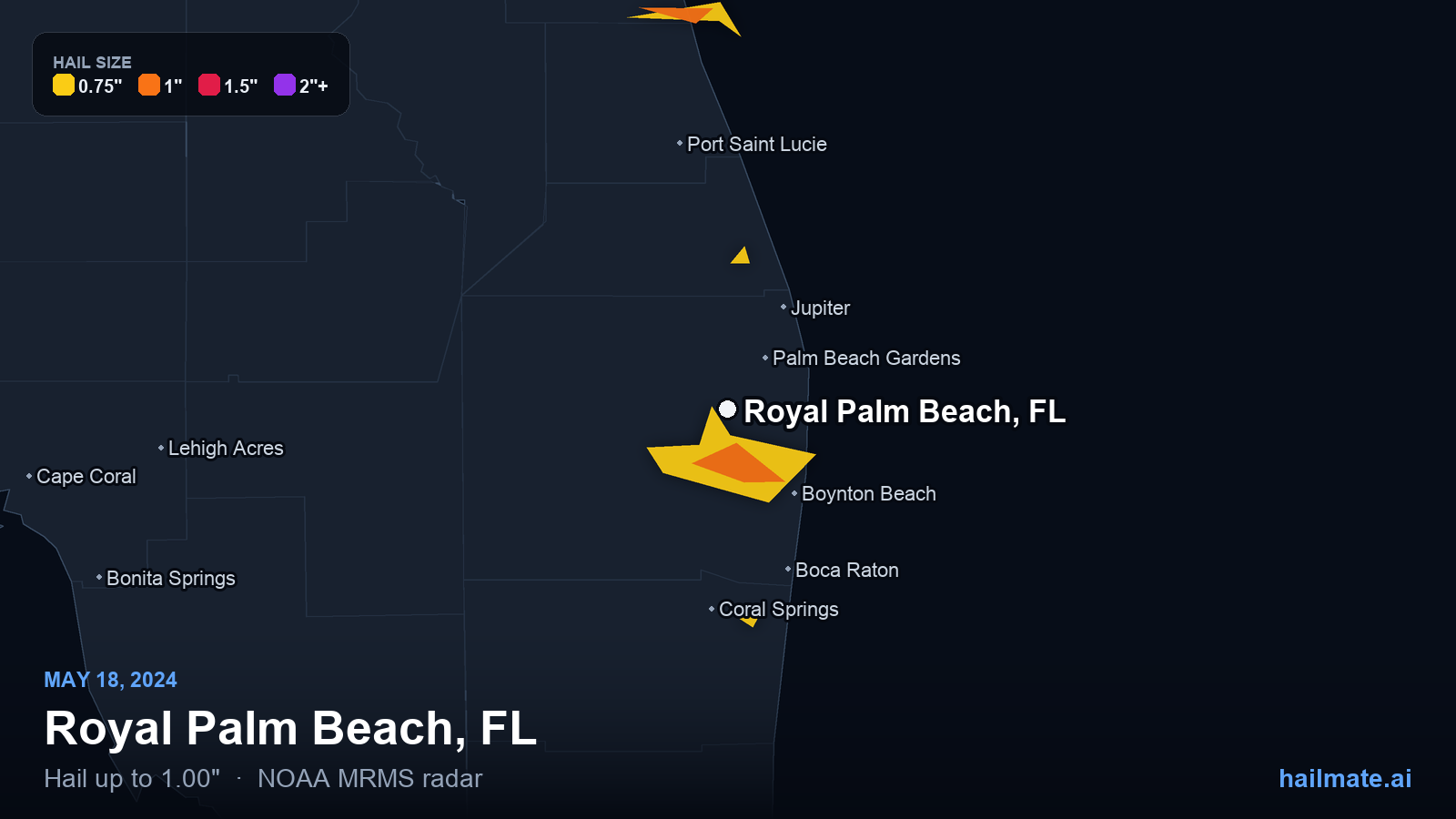 Hail swath map for Royal Palm Beach, FL on May 18, 2024 showing 1.00 inch hail.