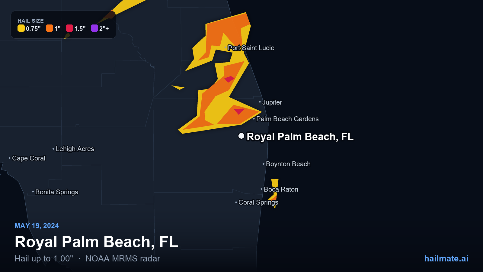 Hail swath map for Royal Palm Beach, FL on May 19, 2024 showing 1.00 inch hail.