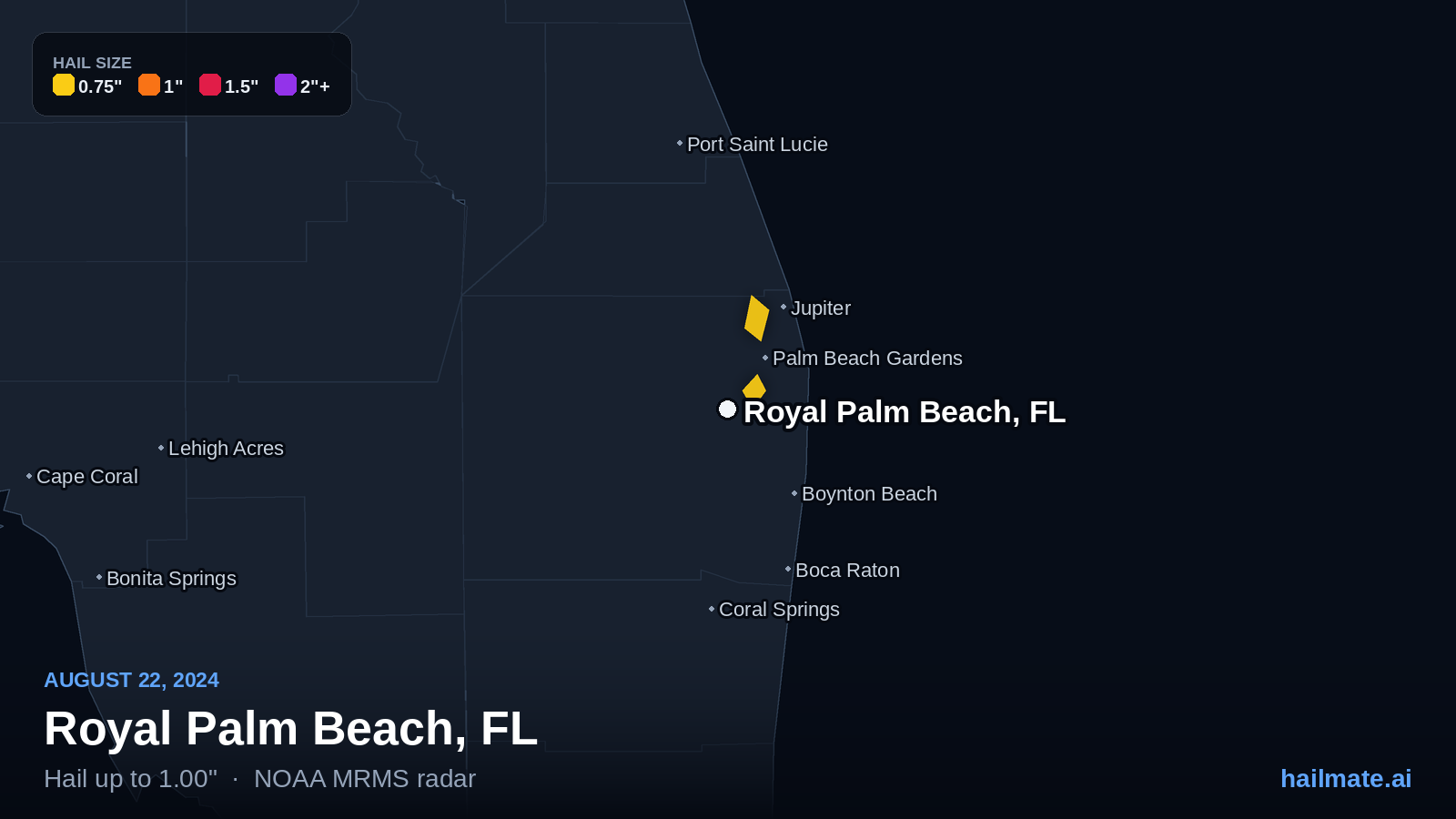 Hail swath map for Royal Palm Beach, FL on August 22, 2024 showing 1.00 inch hail.