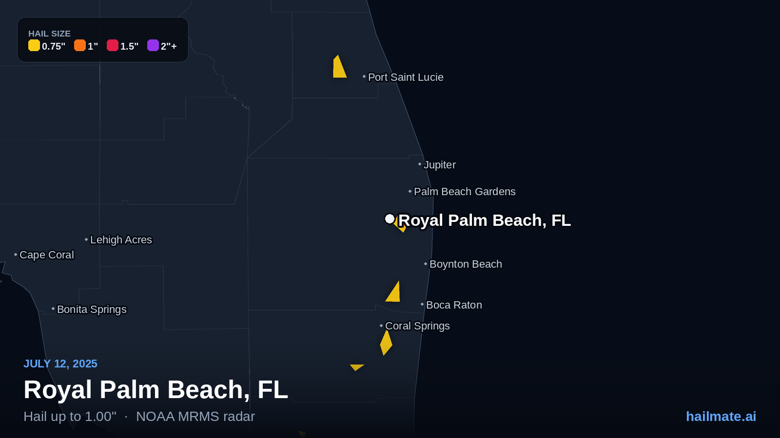 Hail swath map for Royal Palm Beach, FL on July 12, 2025 showing 1.00 inch hail.