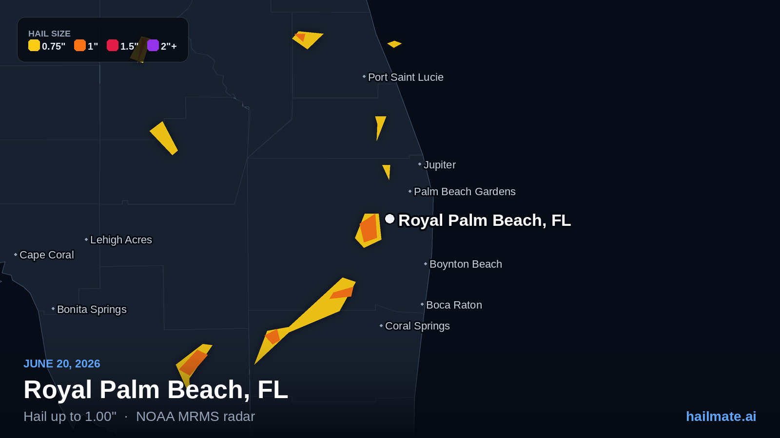 Hail swath map for Royal Palm Beach, FL on June 20, 2026 showing 1.00 inch hail.