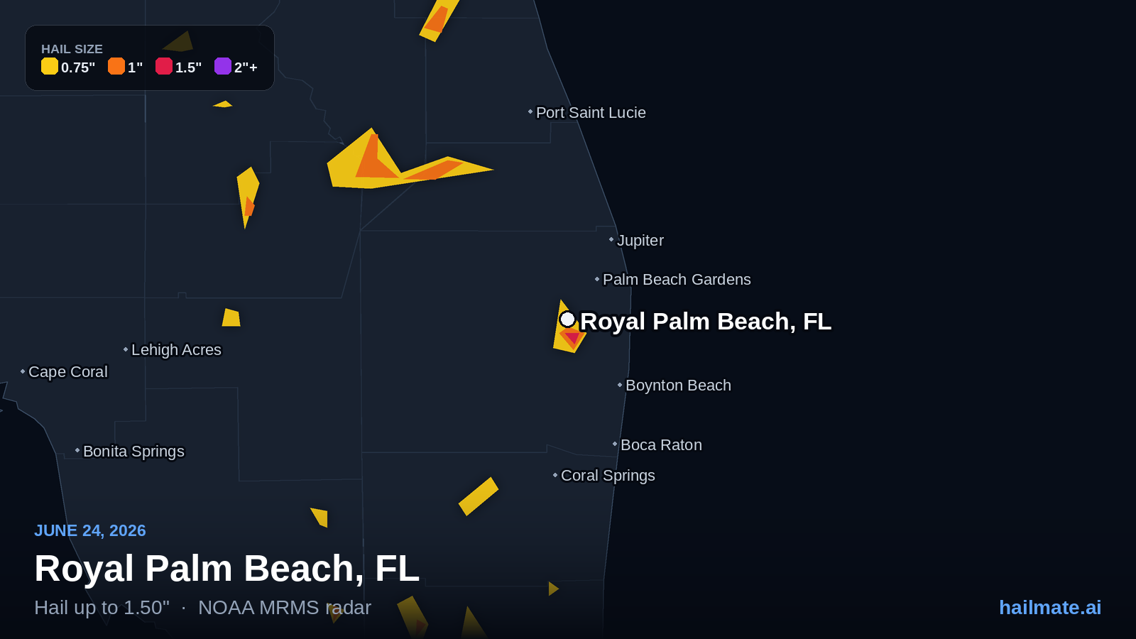 Hail swath map for Royal Palm Beach, FL on June 24, 2026 showing 1.50 inch hail.