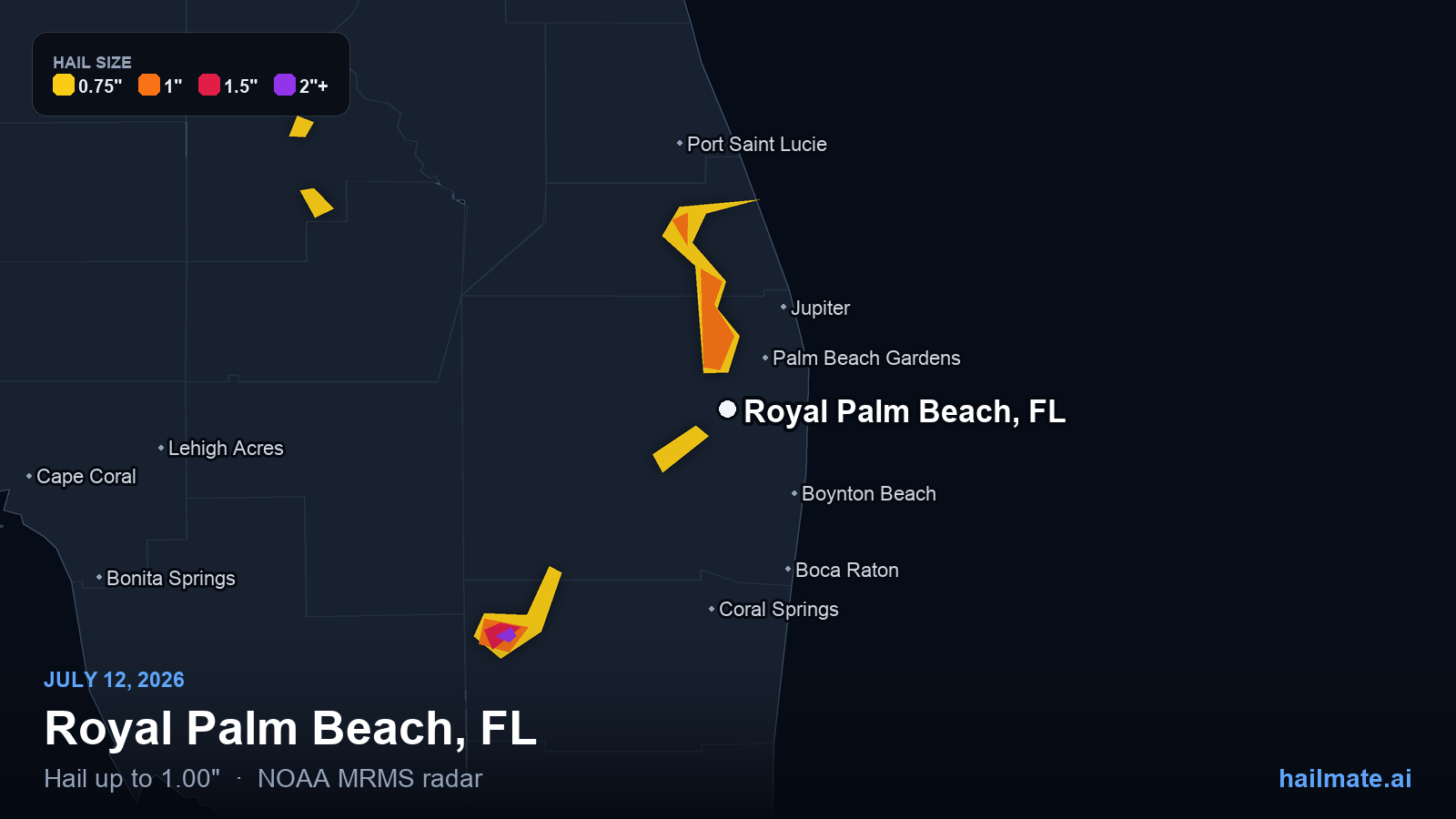 Hail swath map for Royal Palm Beach, FL on July 12, 2026 showing 1.00 inch hail.