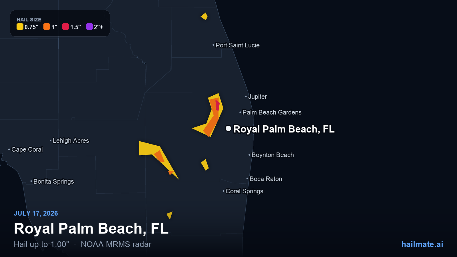 Hail swath map for Royal Palm Beach, FL on July 17, 2026 showing 1.00 inch hail.